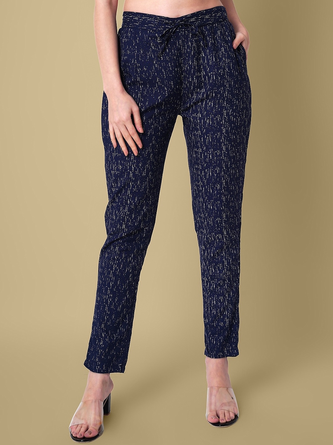 

DAEVISH Women Printed Smart Easy Wash Mid-Rise Trousers, Blue