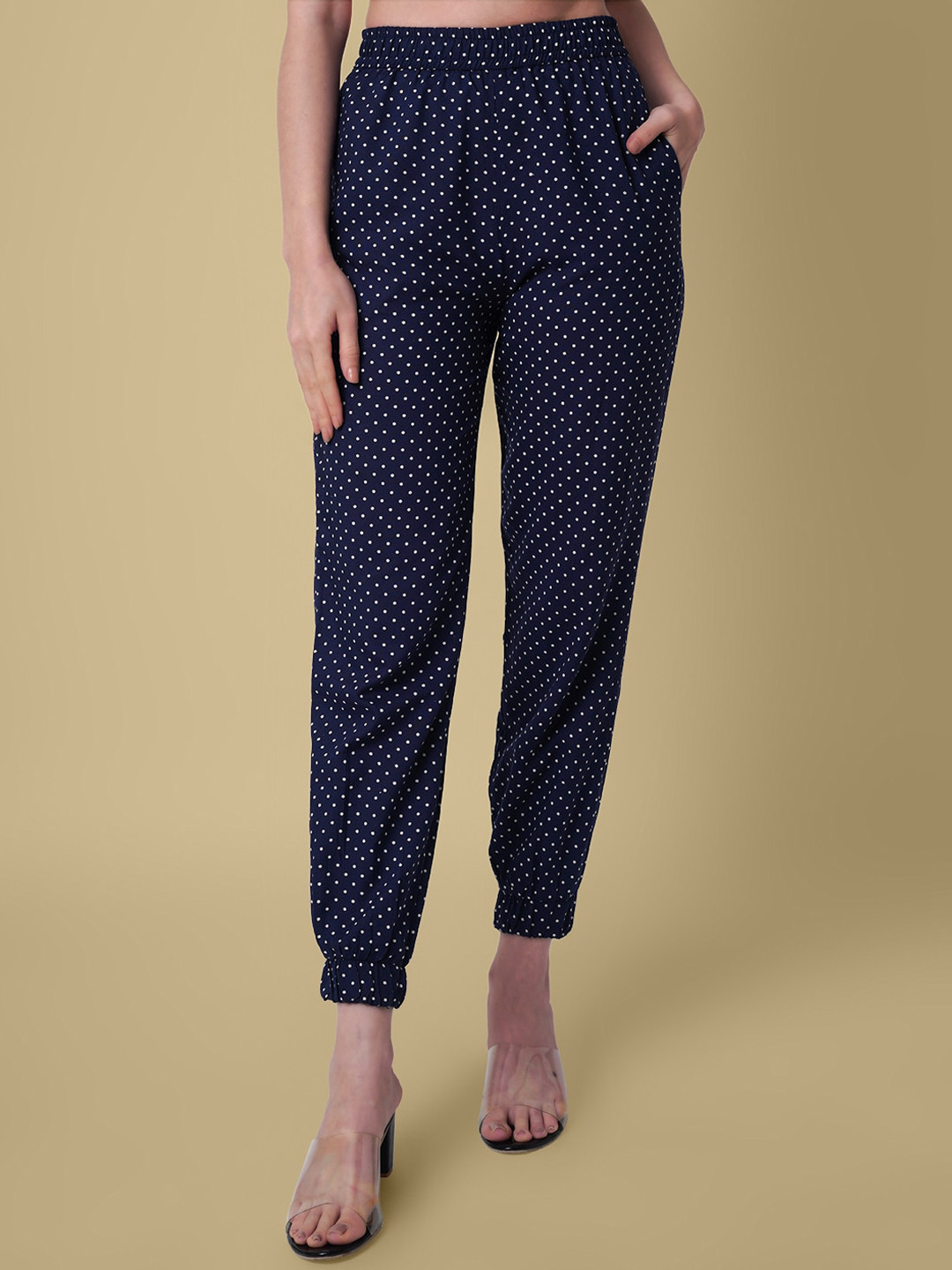 

DAEVISH Women Polka Dot Printed Smart Fit Easy Wash Joggers, Navy blue