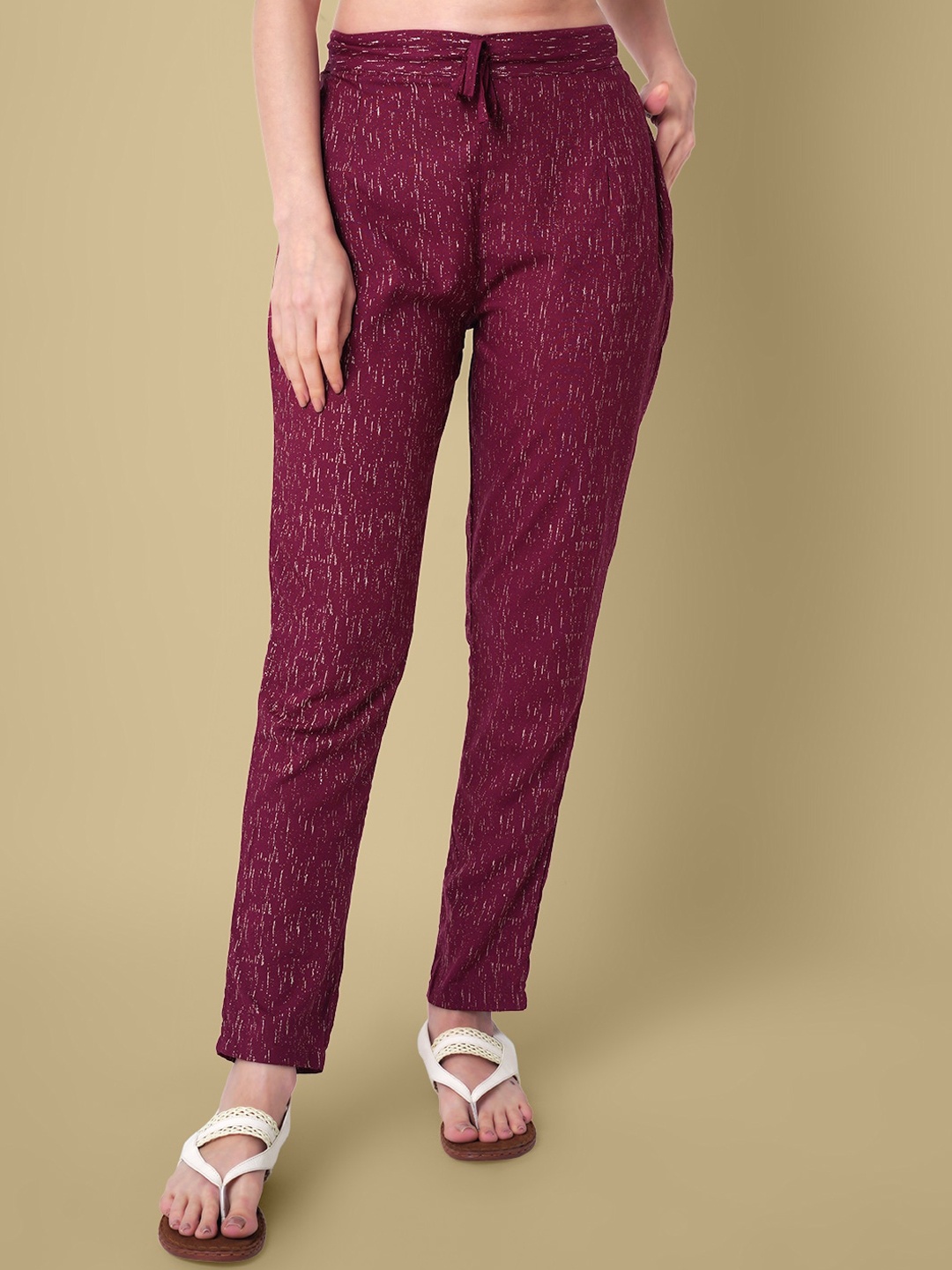 

DAEVISH Women Printed Smart Easy Wash Mid-Rise Trousers, Maroon