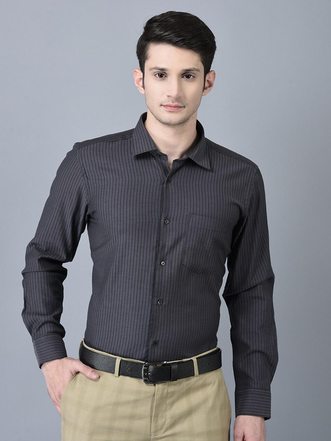 

CANOE Vertical Striped Smart Long Sleeves Pure Cotton Formal Shirt, Grey