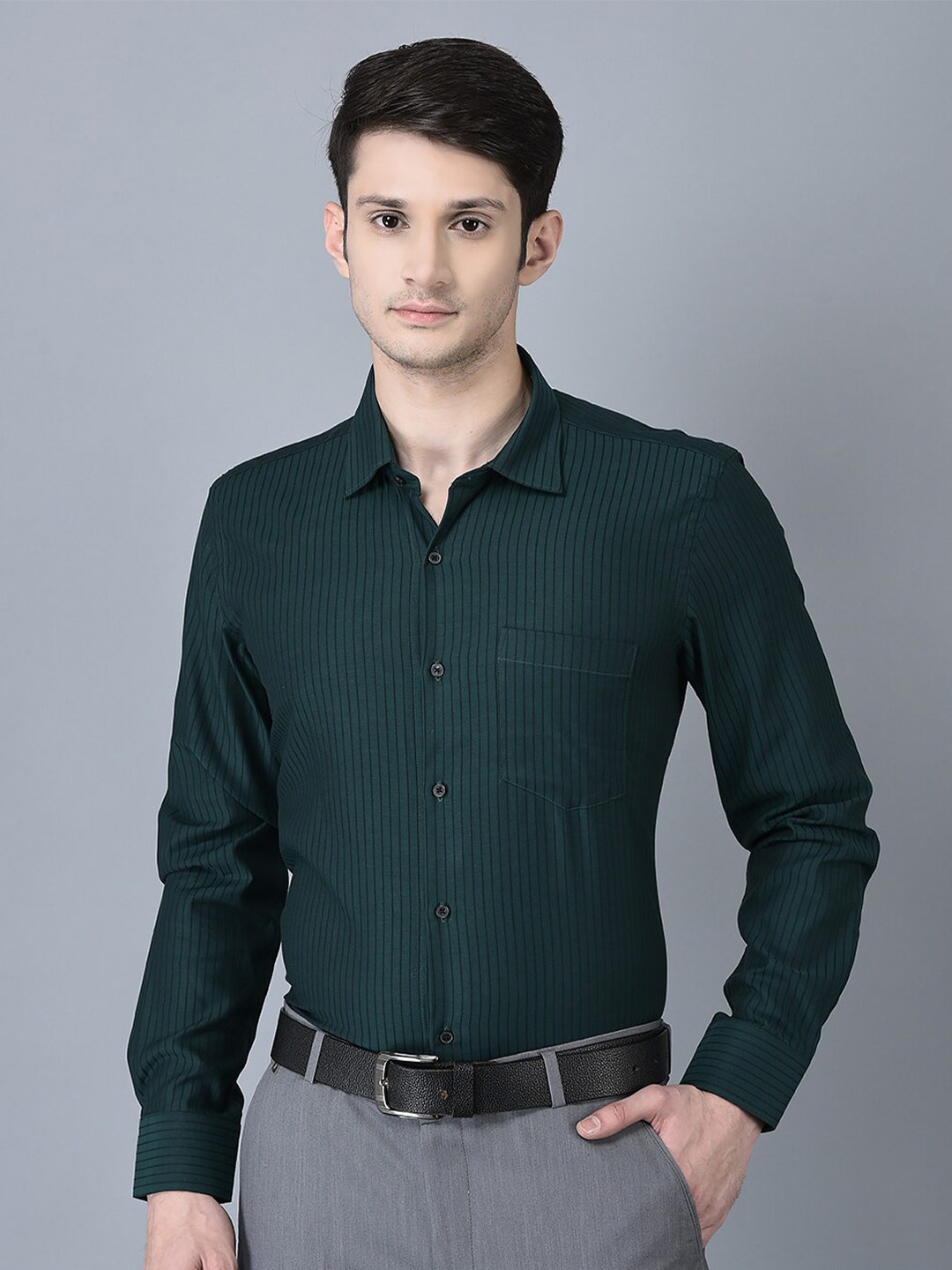 

CANOE Vertical Striped Pure Cotton Smart Formal Shirt, Green