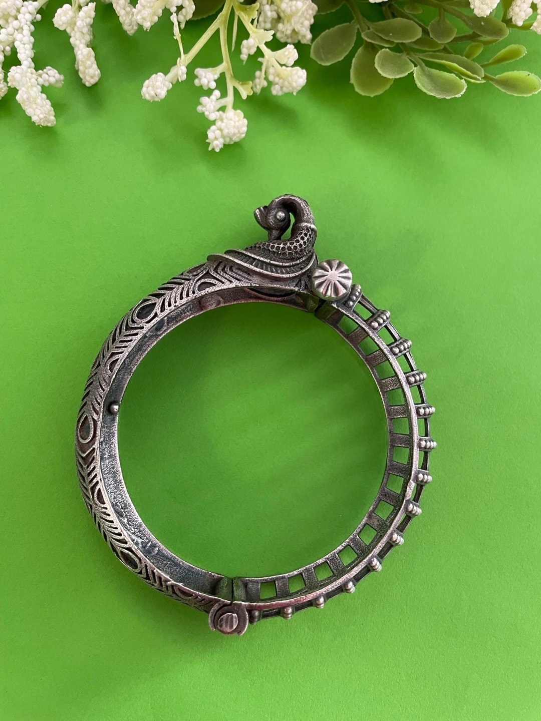 

Digital Dress Room Silver-Plated Oxidized Elephant Design Kada Bangle