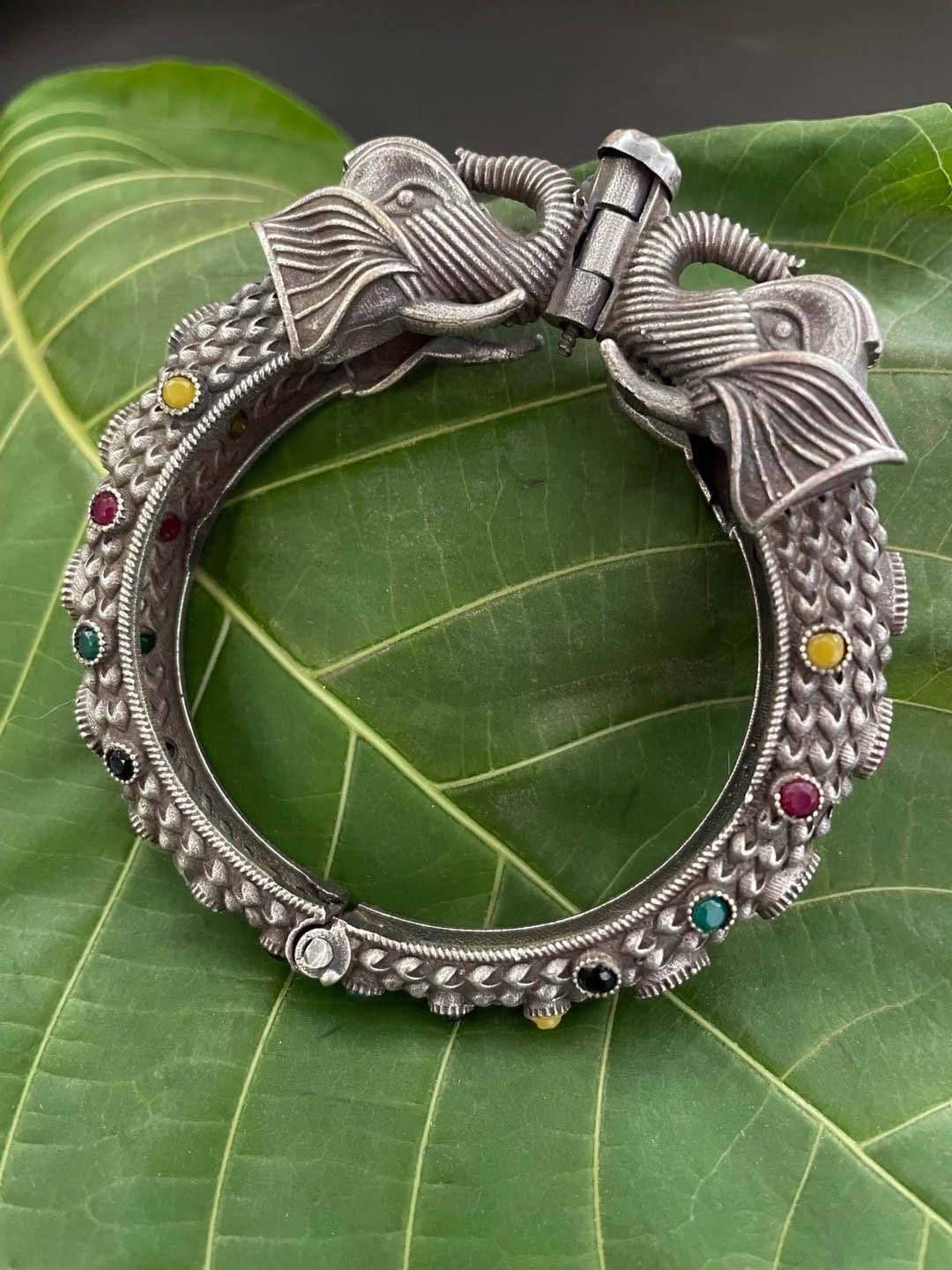 

Digital Dress Room Silver-Plated Stone-Studded Oxidised Elephant Design Bangle