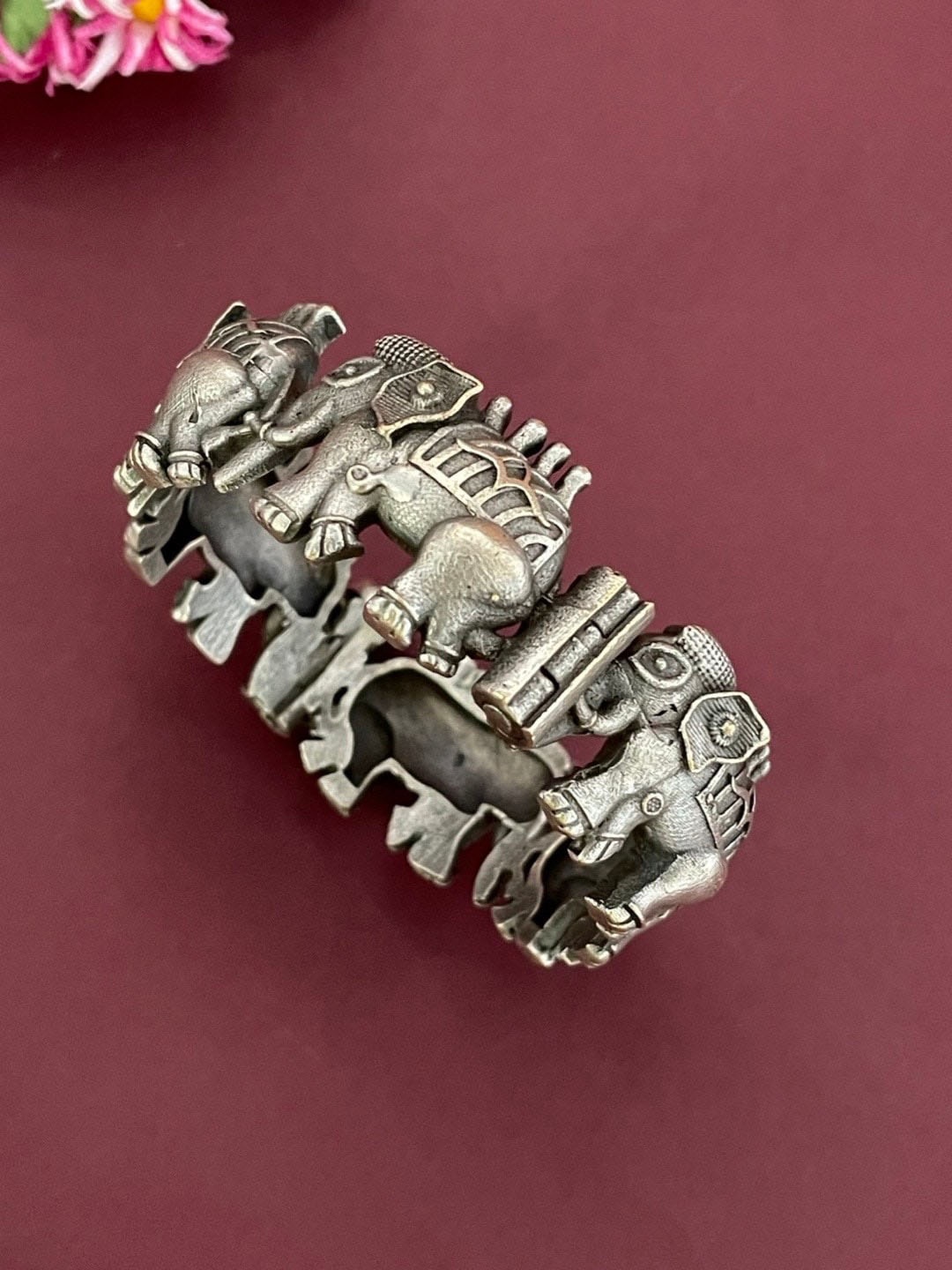 

Digital Dress Room Silver-Plated Oxidised Elephant Design Kada Bangle