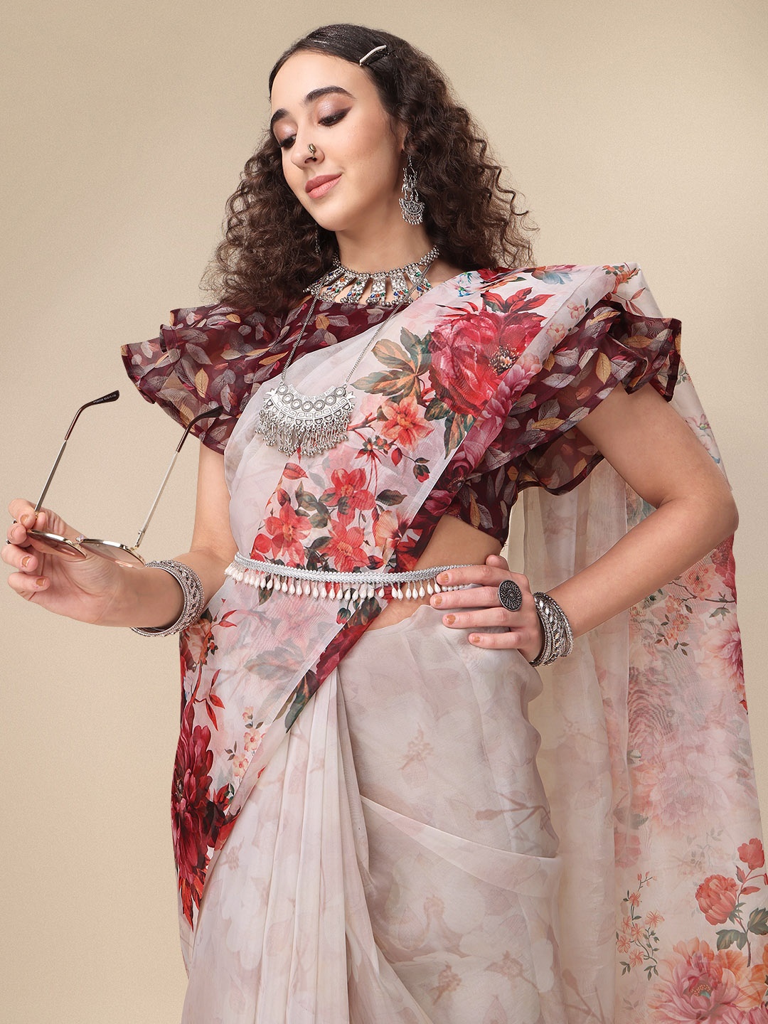 

Sangria Floral Printed Organza Saree, Brown