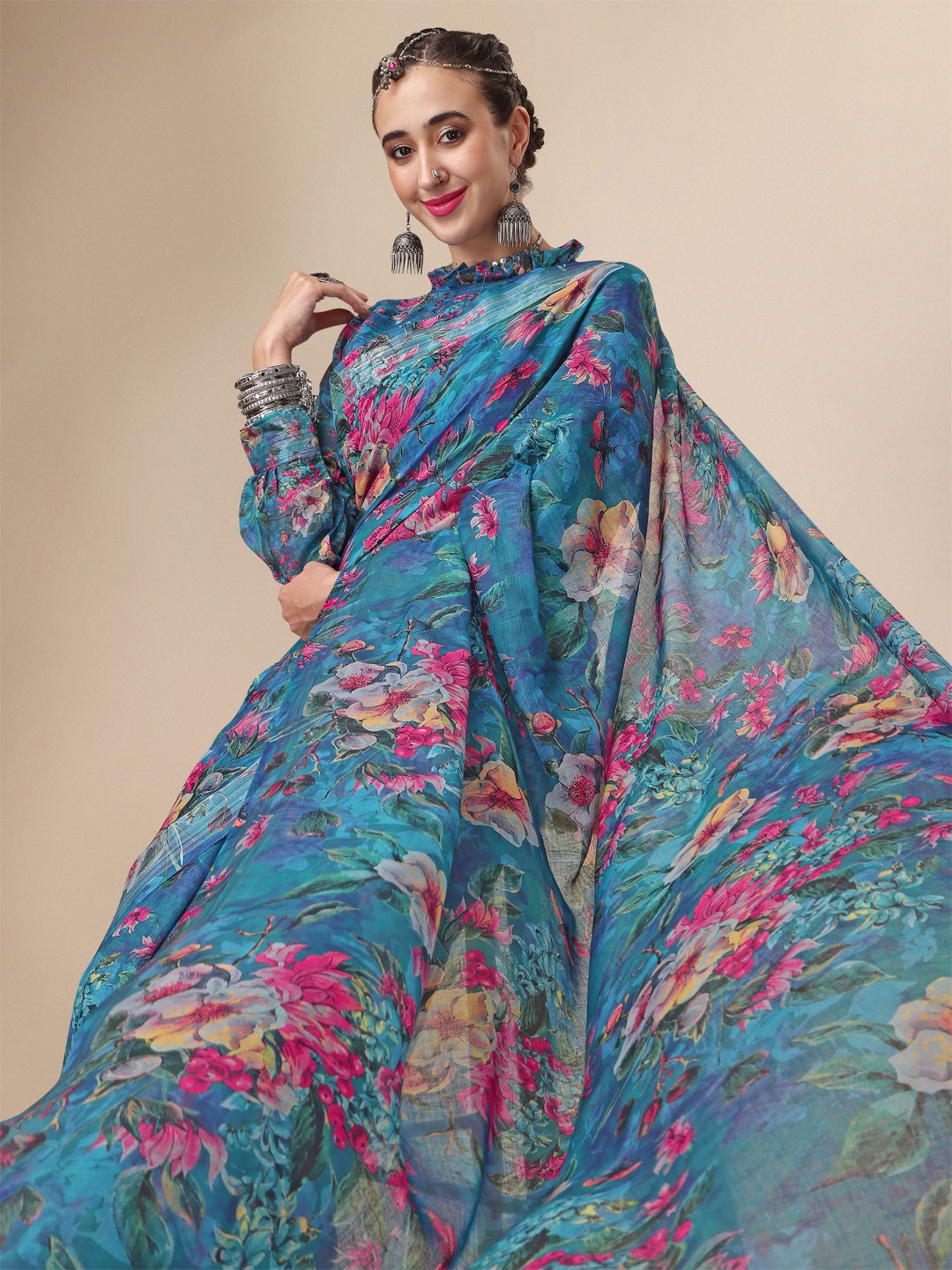 

Sangria Floral Printed Pure Linen Sarees, Teal