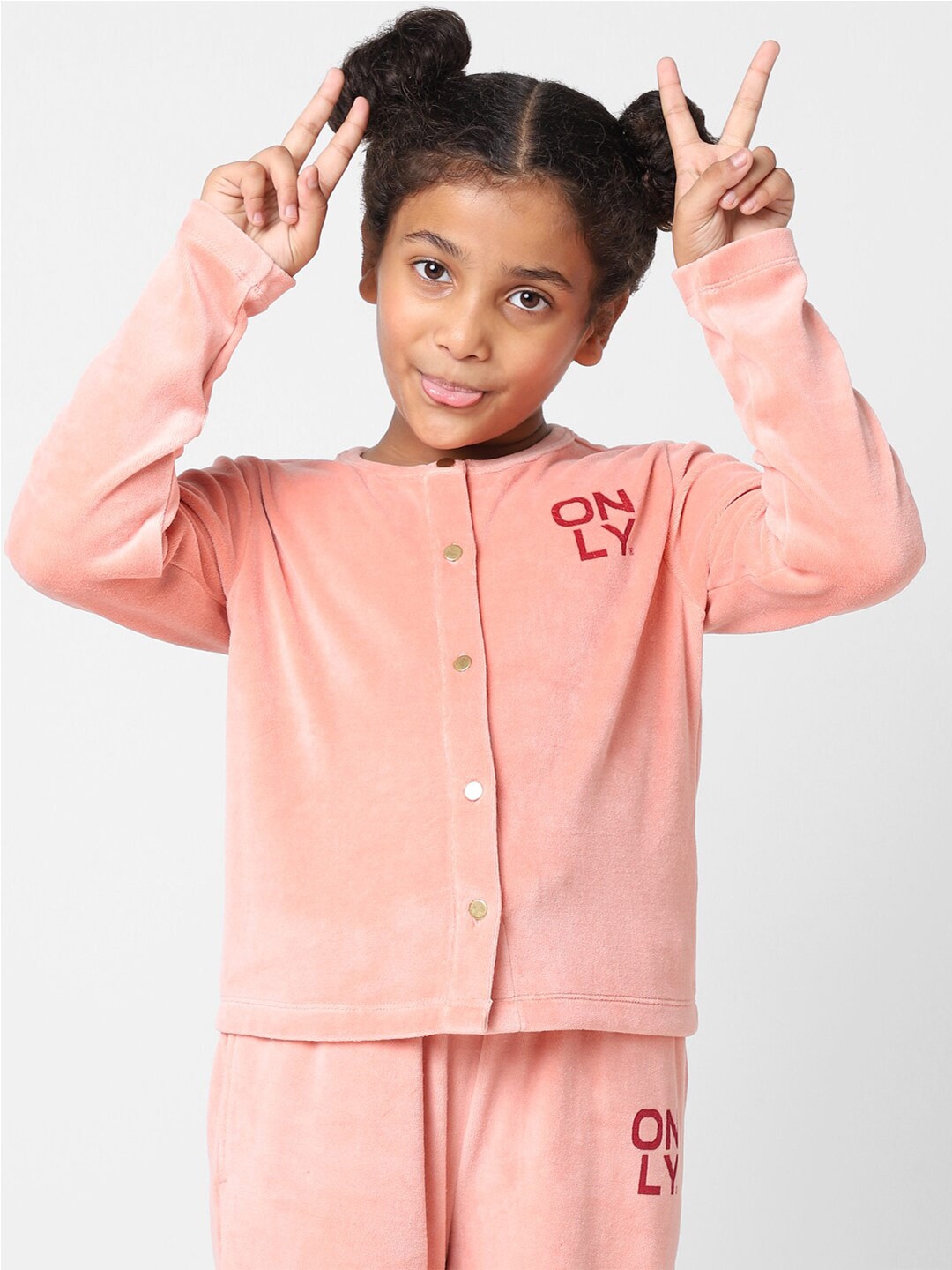 KIDS ONLY Girls Typography Printed Cotton Cardigan Sweater, Peach