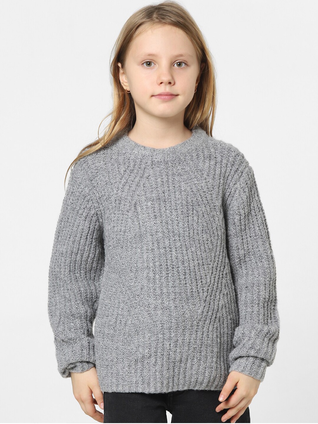 

KIDS ONLY Girls Self Design Ribbed Pullover Sweater, Grey