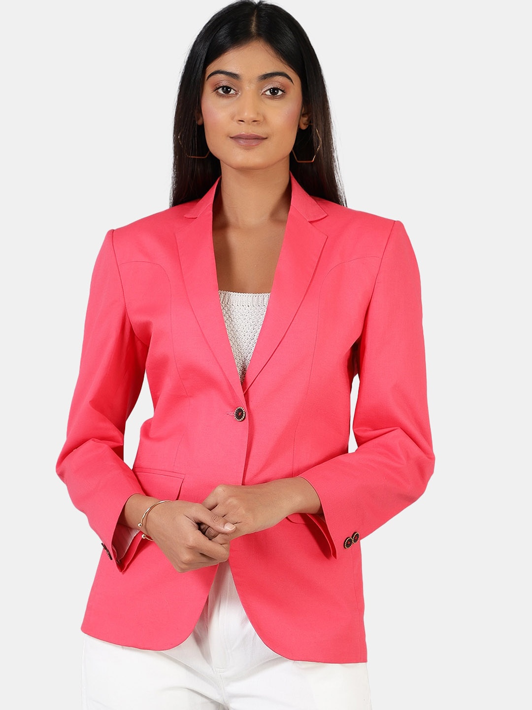 

INDOPHILIA Notched Lapel Single-Breasted Cotton Linen Blazer, Pink