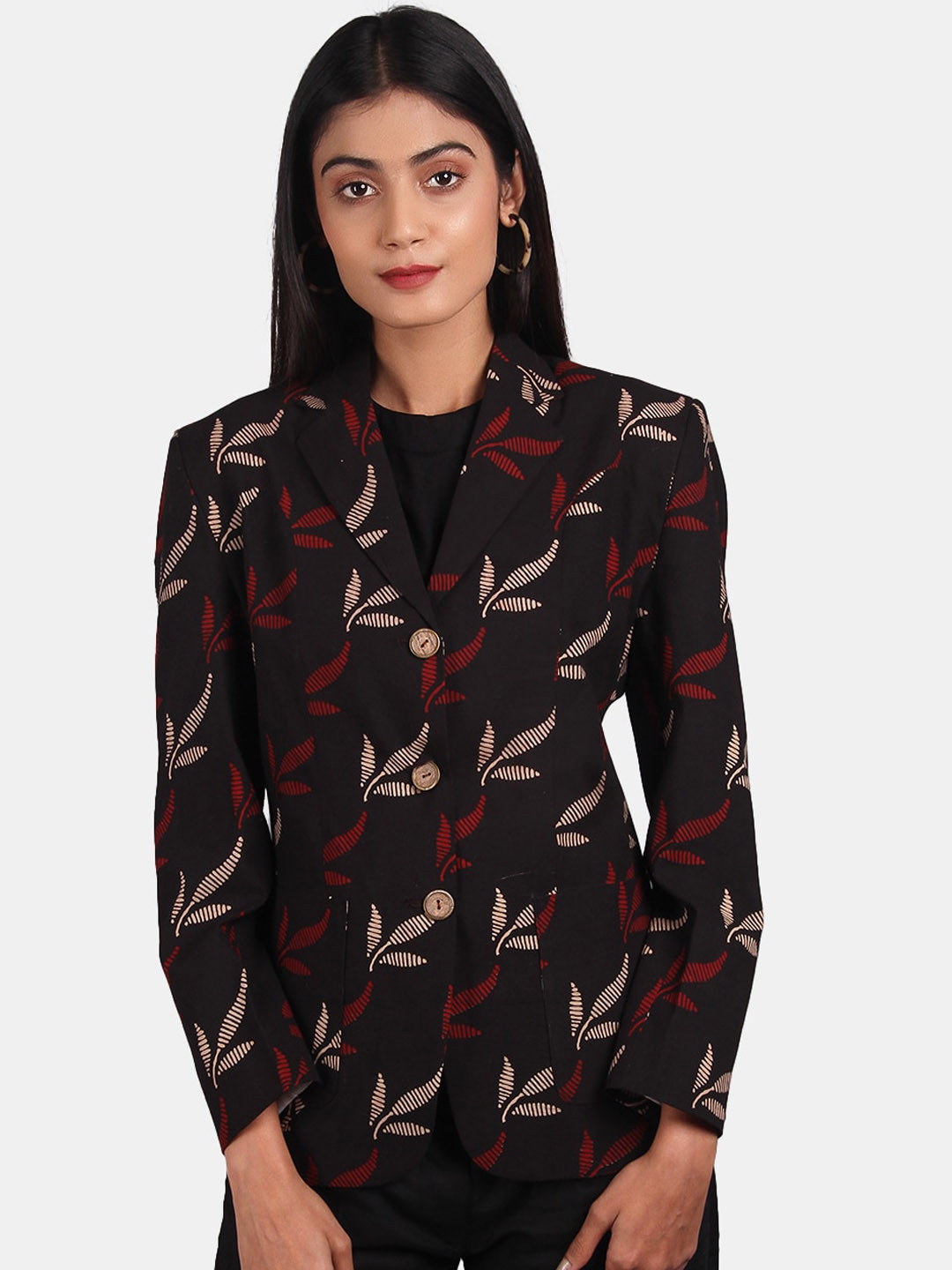 

INDOPHILIA Printed Pure Cotton Blazer, Black