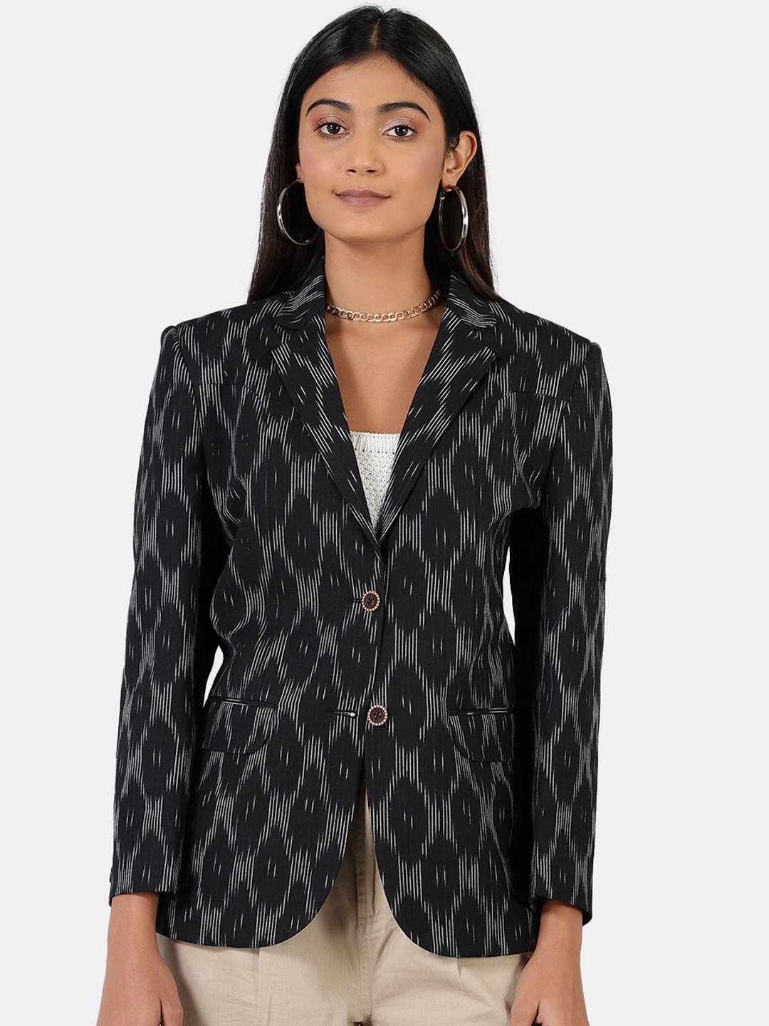 

INDOPHILIA Single-Breasted Printed Cotton Blazer, Black