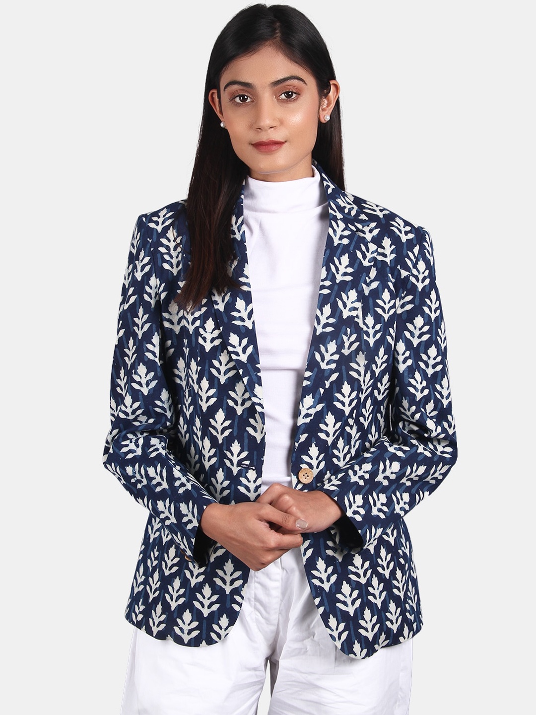 

INDOPHILIA Printed Cotton Single-Breasted Casual Blazer, Blue