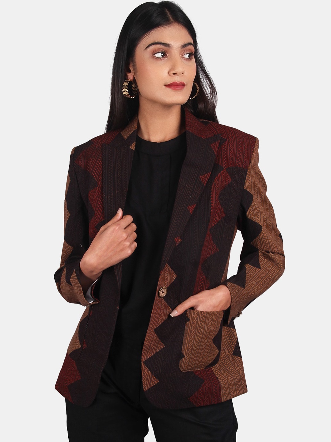 

INDOPHILIA Printed Cotton Single-Breasted Casual Blazer, Brown