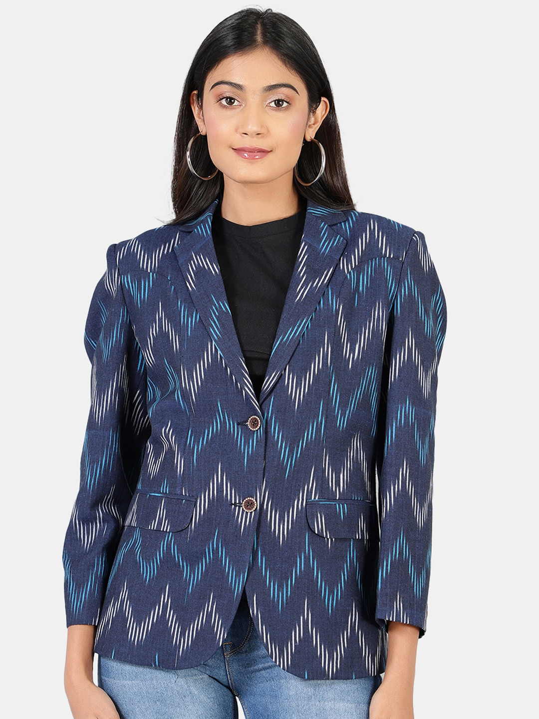 

INDOPHILIA Single-Breasted Printed Cotton Blazer, Blue