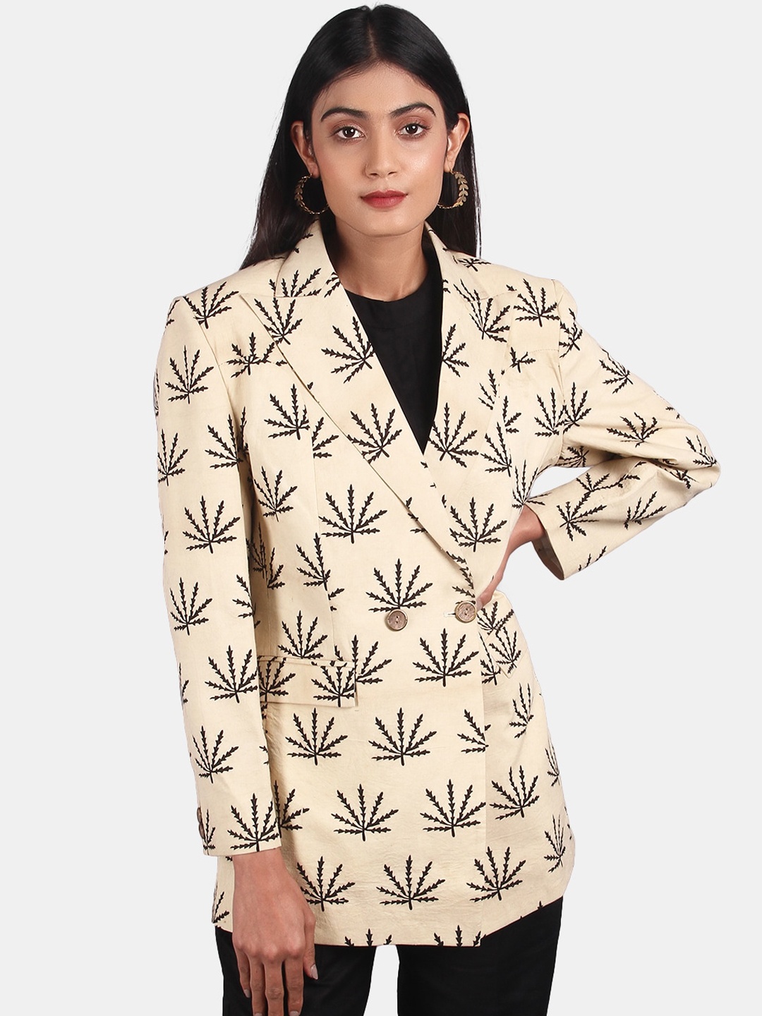 

INDOPHILIA Double-Breasted Printed Cotton Blazer, Beige