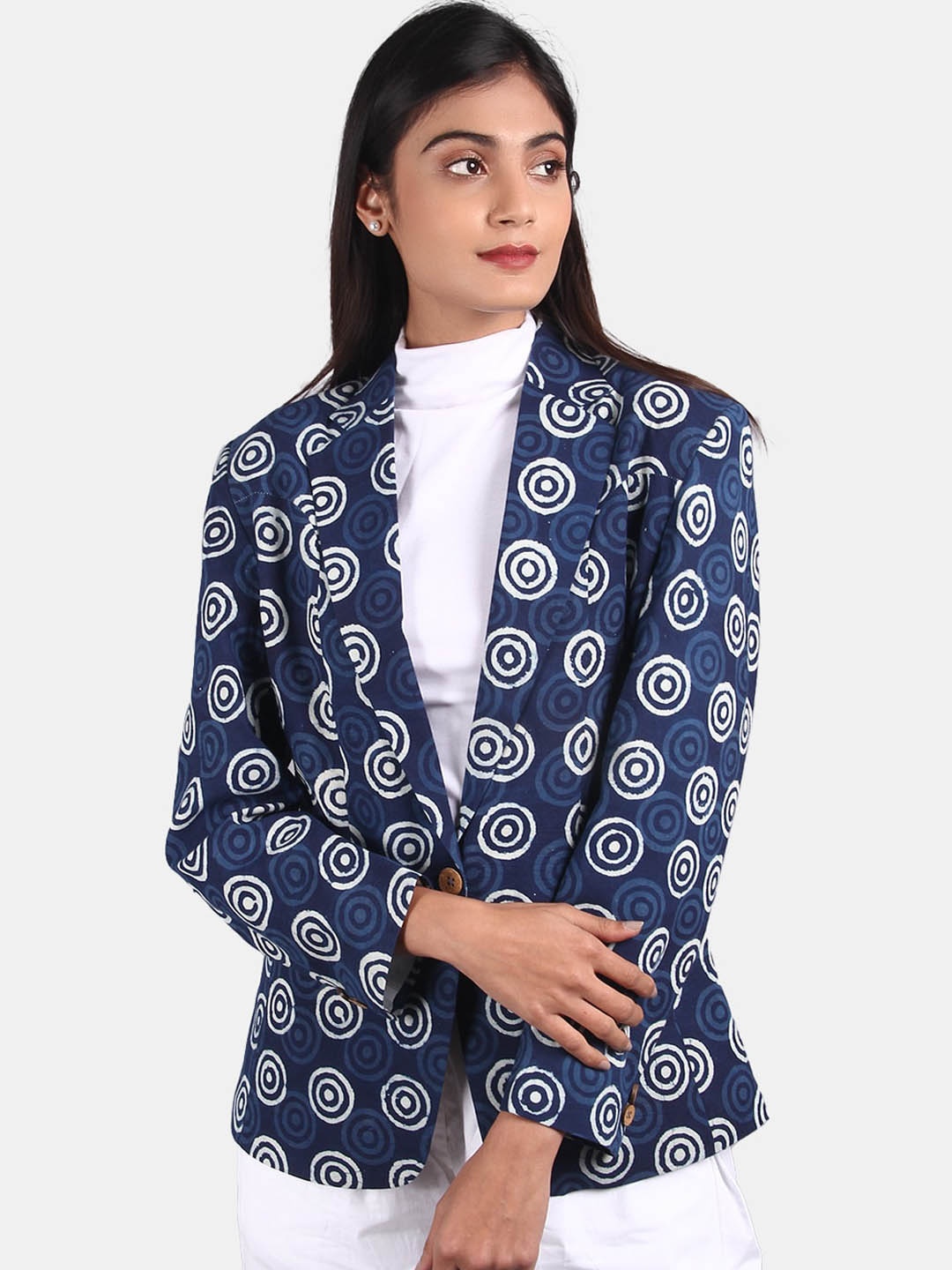 

INDOPHILIA Printed Cotton Single-Breasted Casual Blazer, Blue