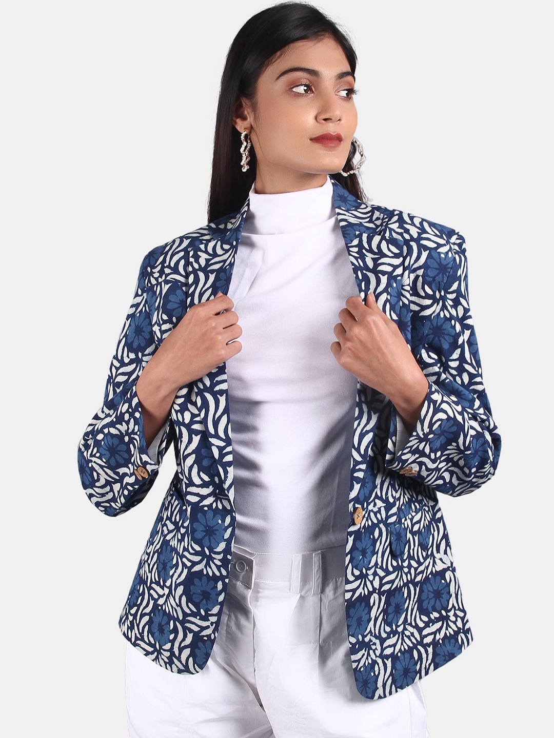 

INDOPHILIA Printed Cotton Single-Breasted Casual Blazer, Blue