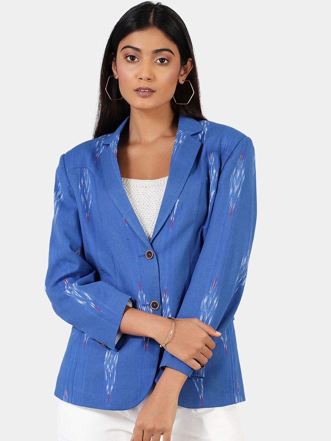 

INDOPHILIA Single-Breasted Printed Cotton Blazer, Blue