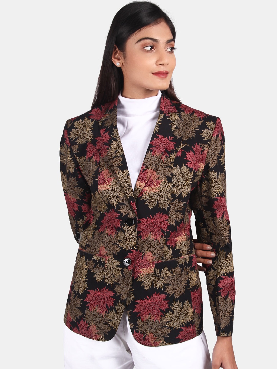 

INDOPHILIA Printed Pure Cotton Single-Breasted Casual Blazer, Black