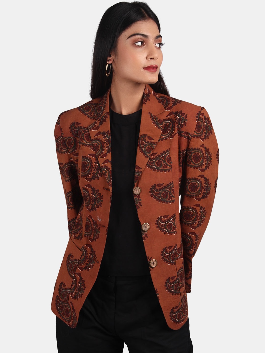

INDOPHILIA Single-Breasted Printed Cotton Blazer, Brown