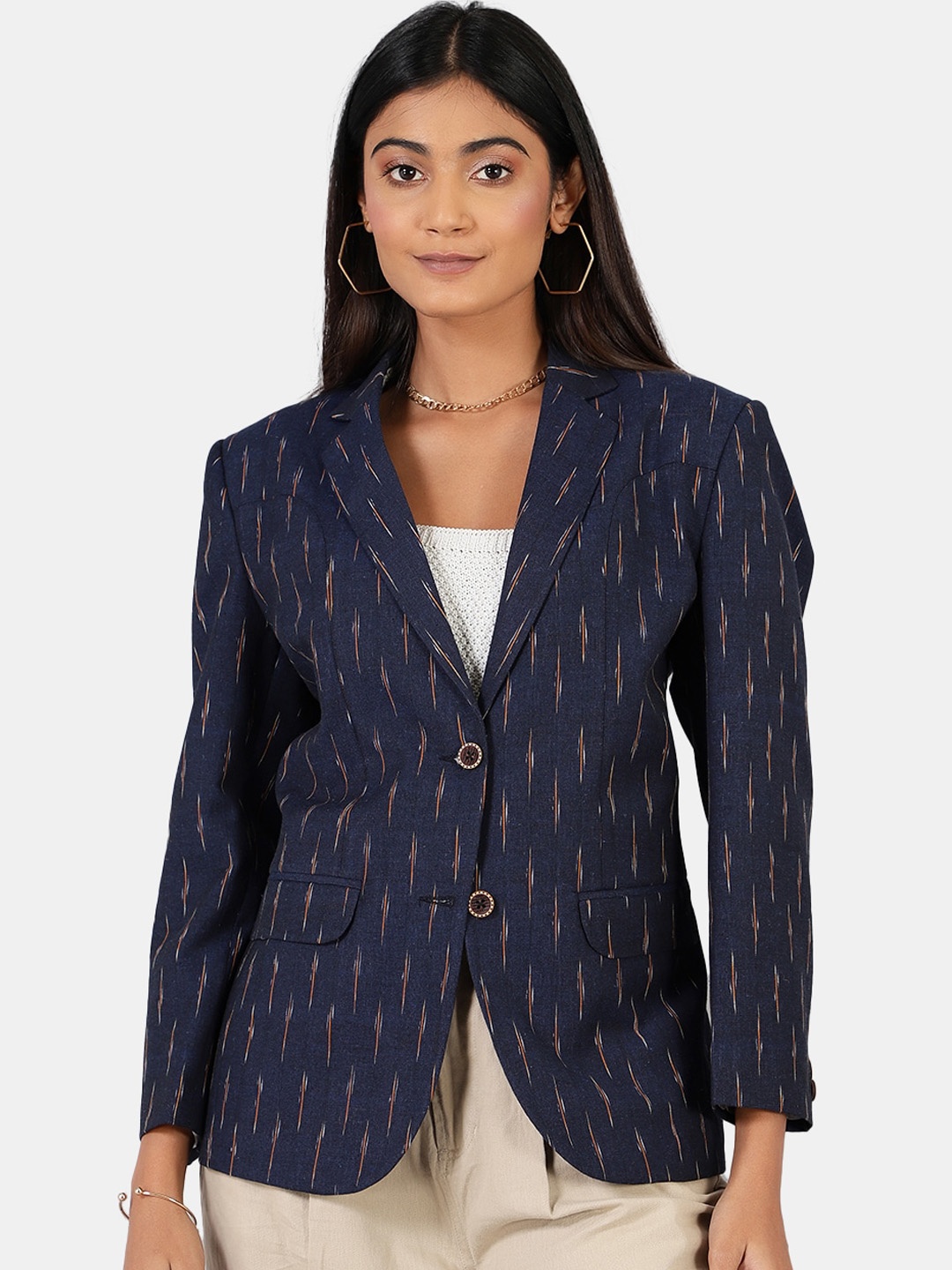 

INDOPHILIA Single-Breasted Woven Design Cotton Blazer, Navy blue