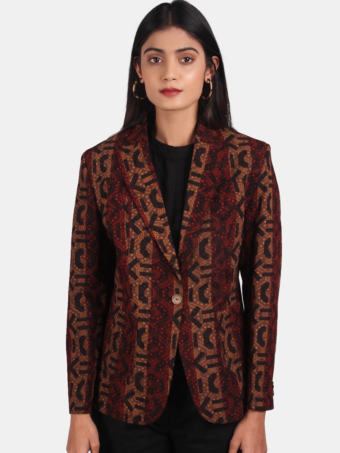 

INDOPHILIA Printed Single-Breasted Cotton Casual Blazer, Brown