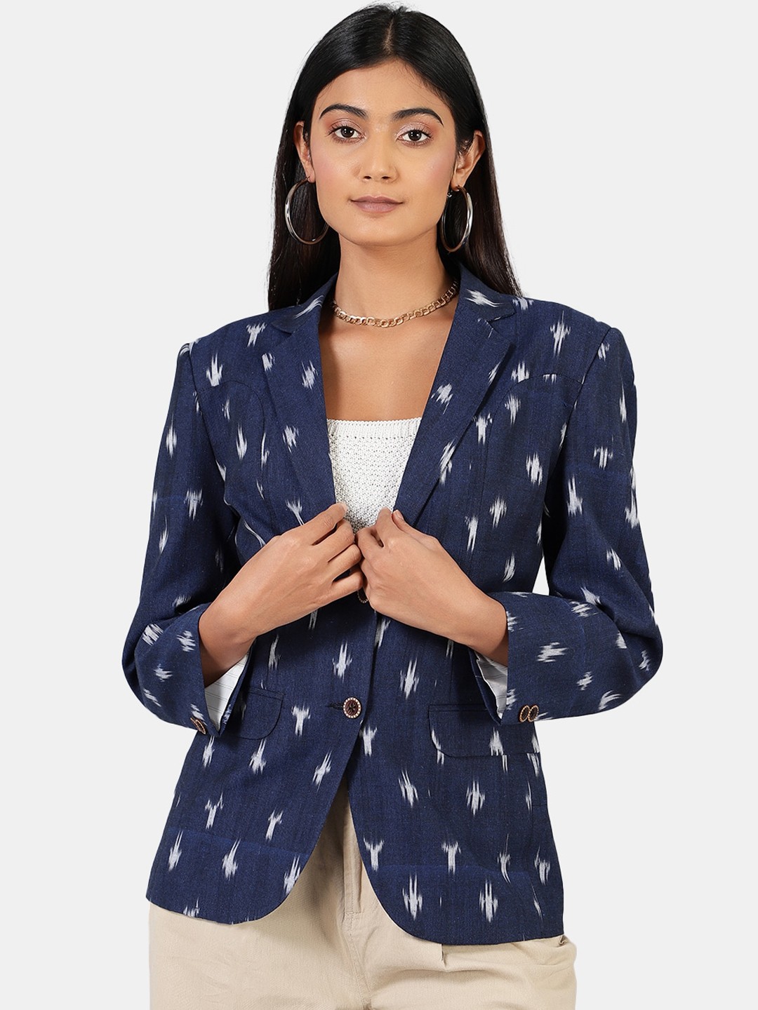 

INDOPHILIA Printed Cotton Single-Breasted Casual Blazer, Blue