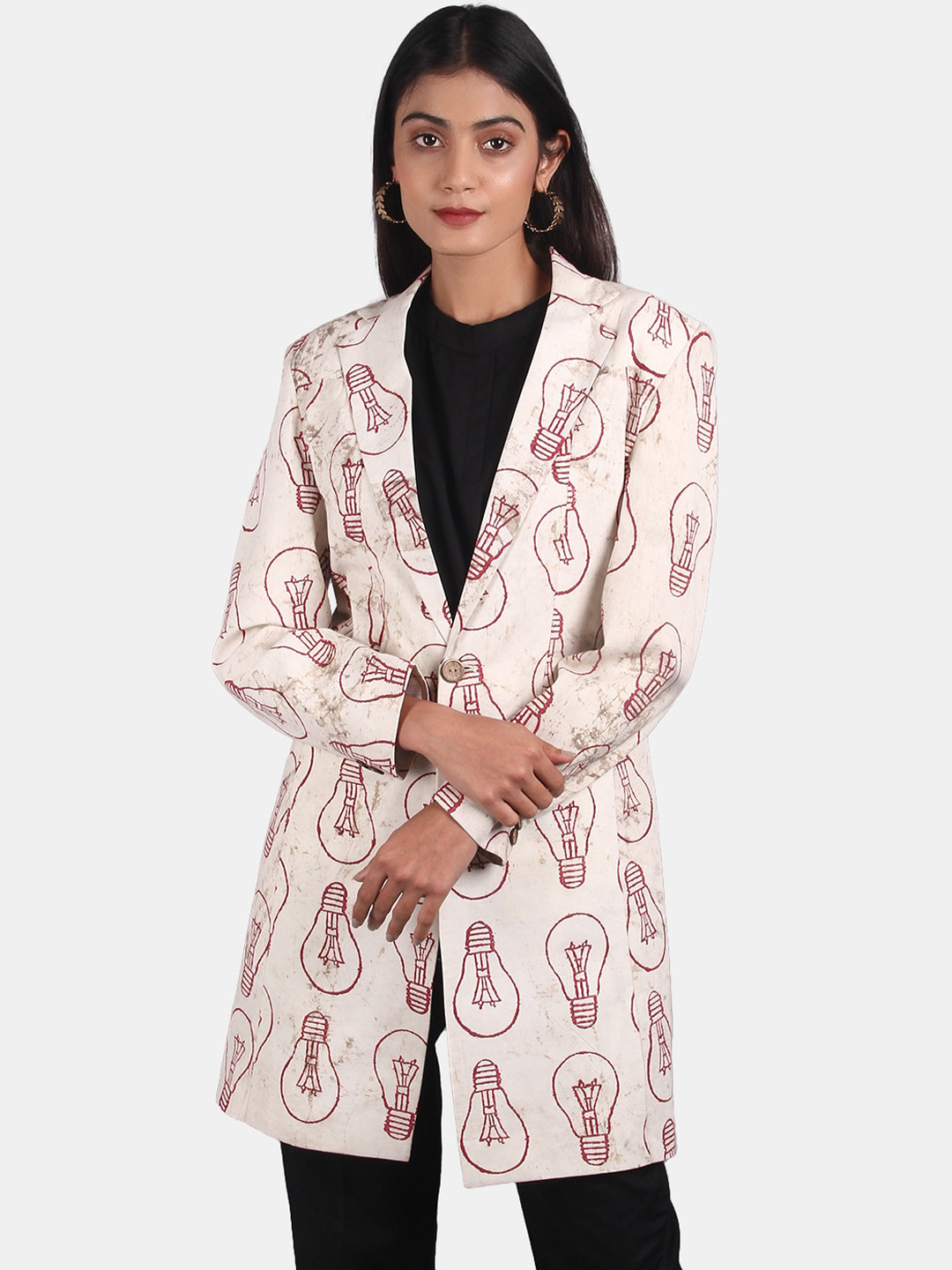 

INDOPHILIA Longline Single-Breasted Printed Cotton Blazer, Beige