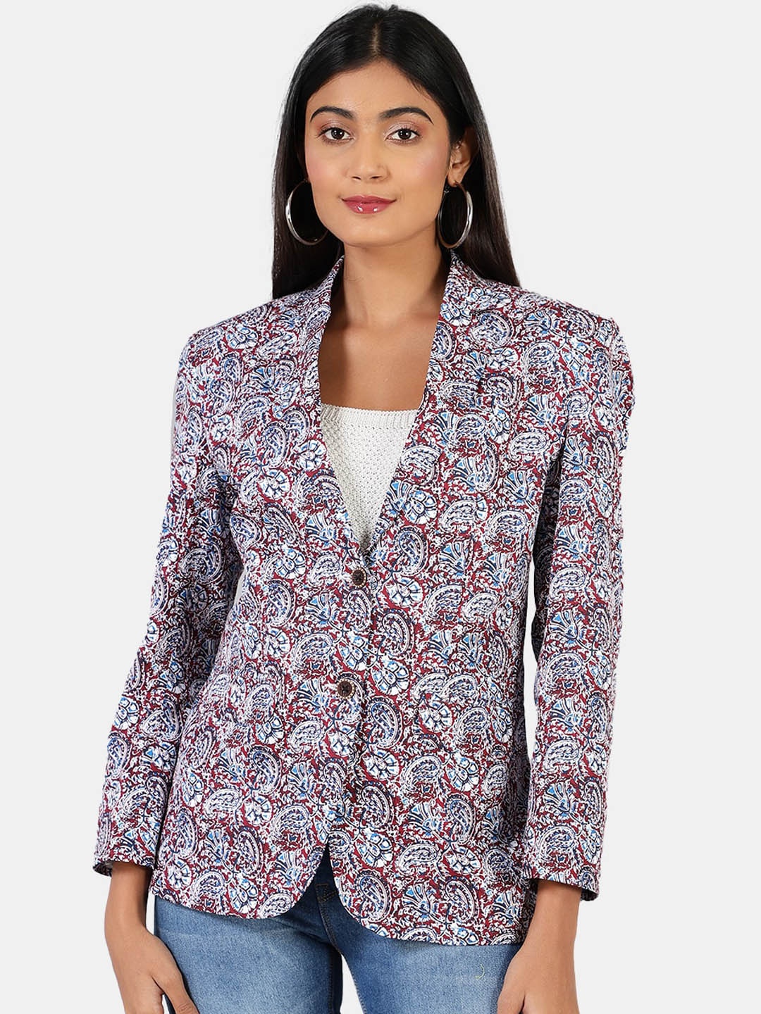 

INDOPHILIA Single-Breasted Printed Cotton Blazer, Maroon