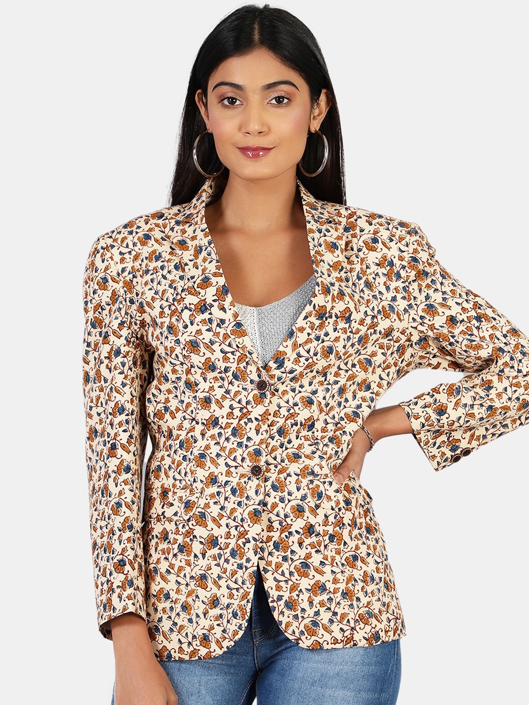 

INDOPHILIA Printed Cotton Single-Breasted Blazer, White