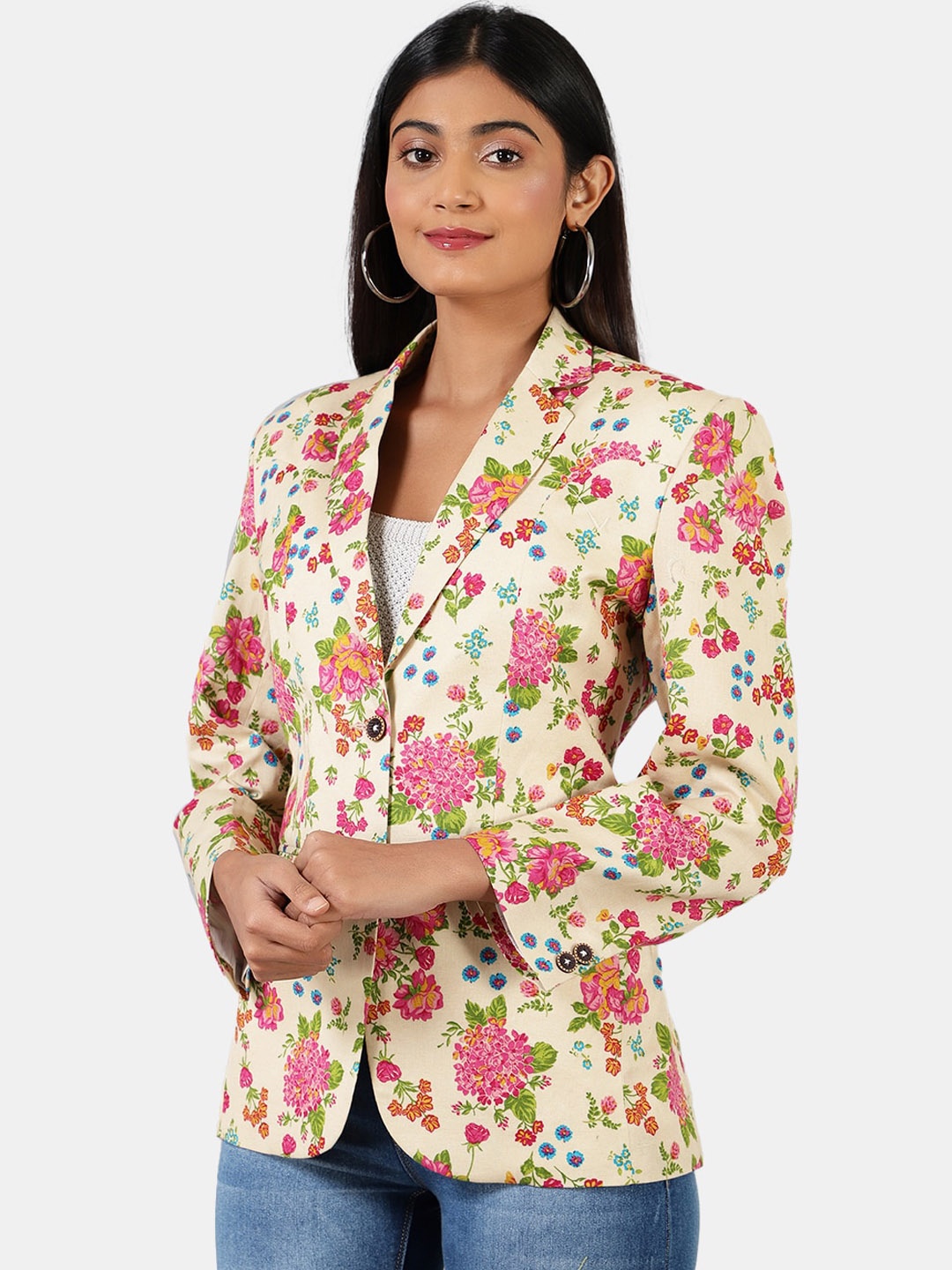 

INDOPHILIA Single-Breasted Floral Printed Cotton Linen Blazer, Beige