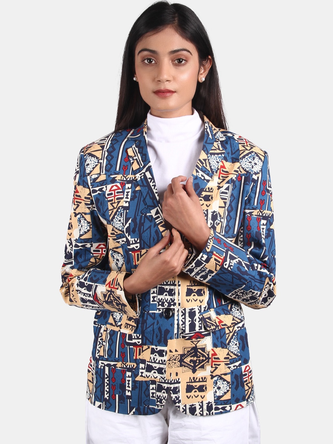 

INDOPHILIA Single-Breasted Printed Cotton Blazer, Blue
