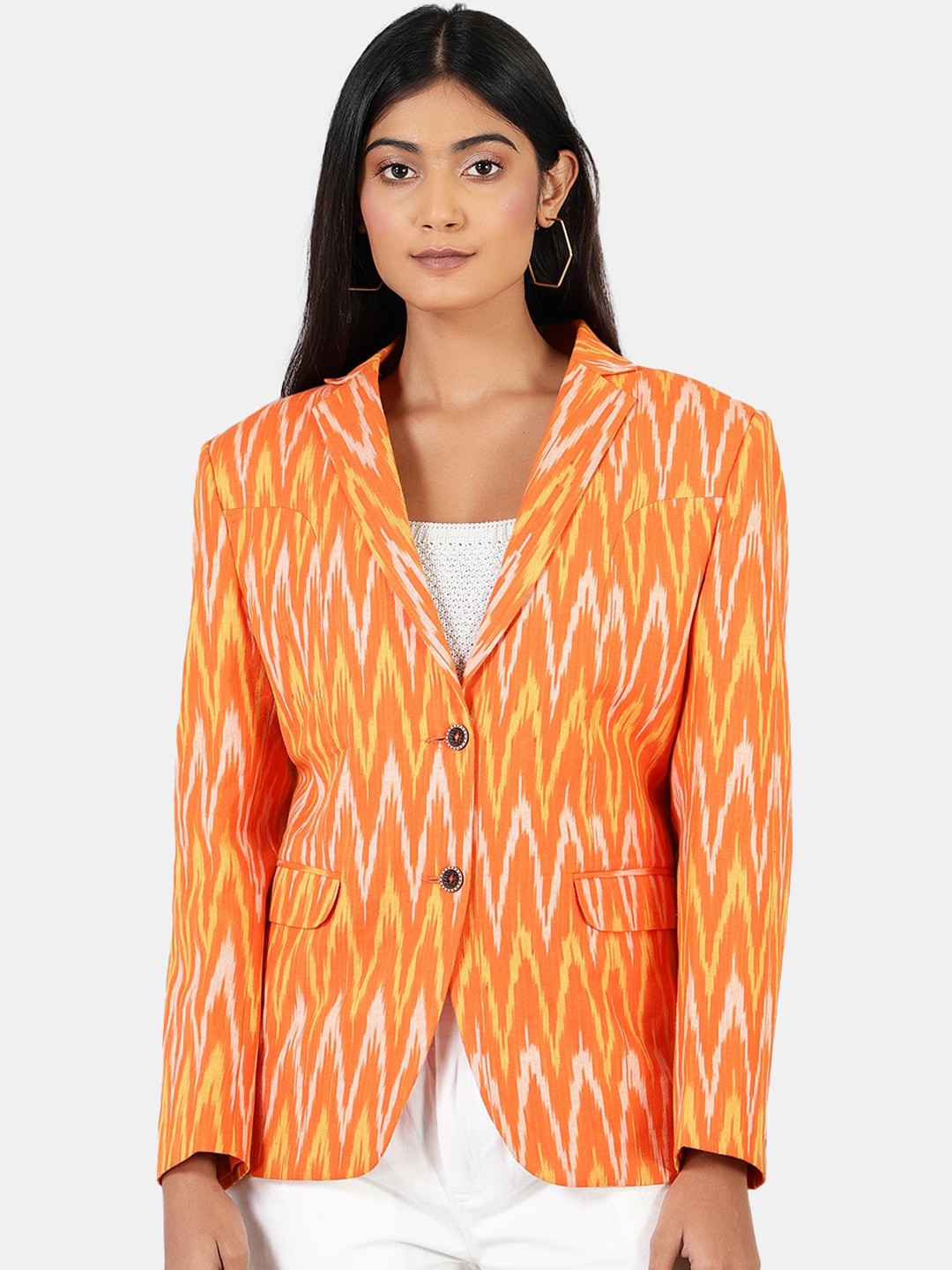

INDOPHILIA Ikat Printed Cotton Single-Breasted Casual Blazer, Orange