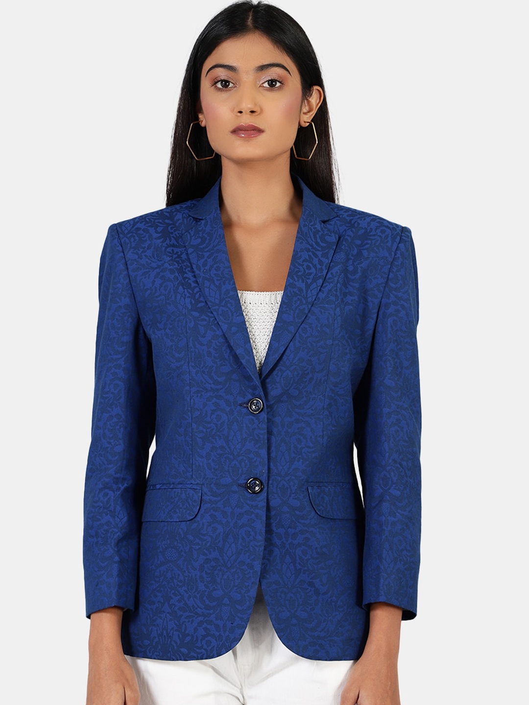 

INDOPHILIA Self-Design Single Breasted Pure Cotton Casual Blazer, Blue