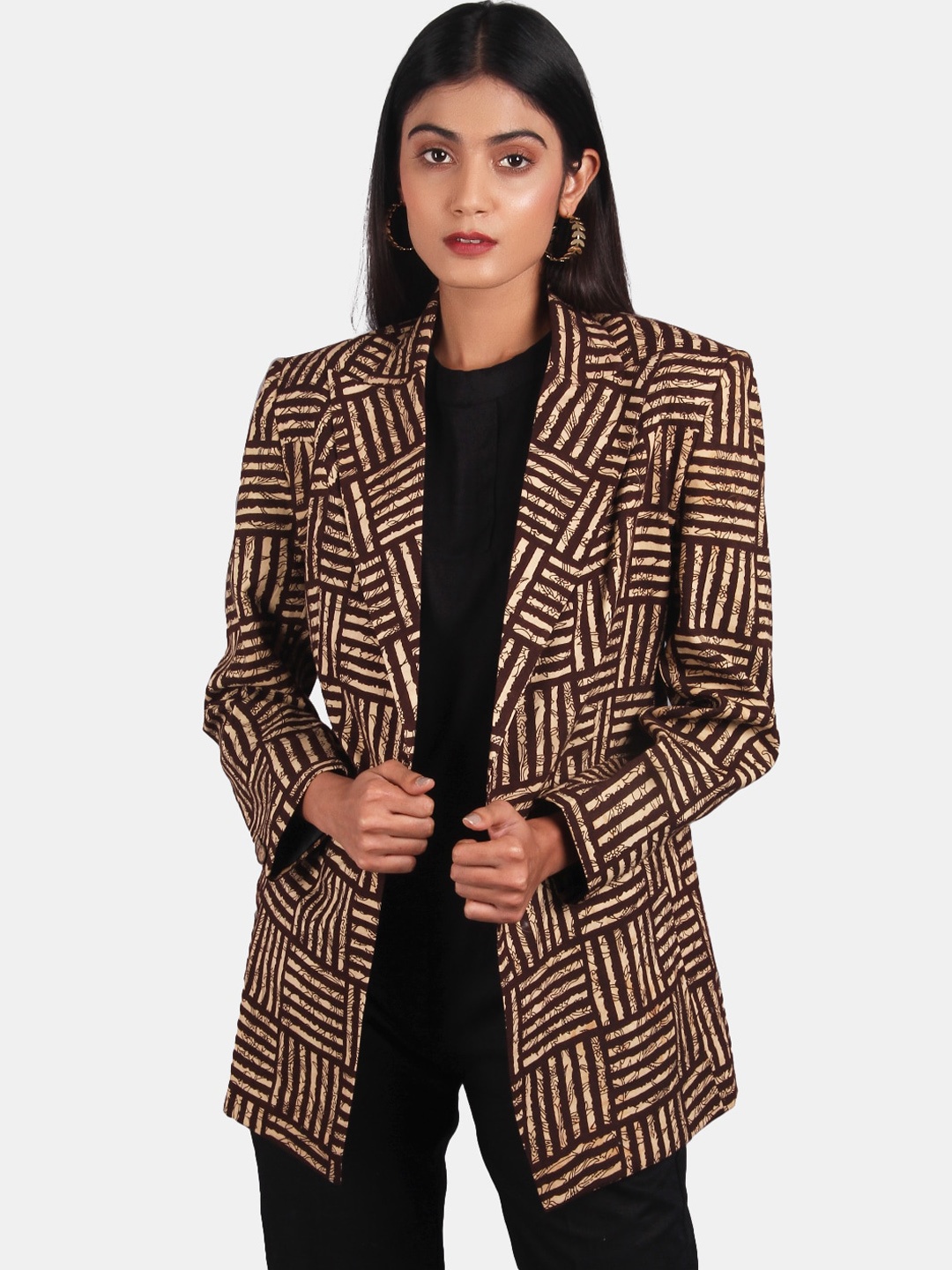 

INDOPHILIA Single-Breasted Printed Cotton Blazer, Brown
