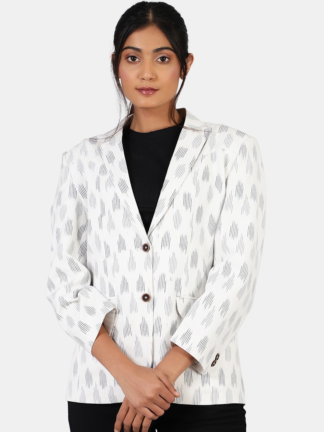 

INDOPHILIA Single-Breasted Printed Cotton Blazer, White