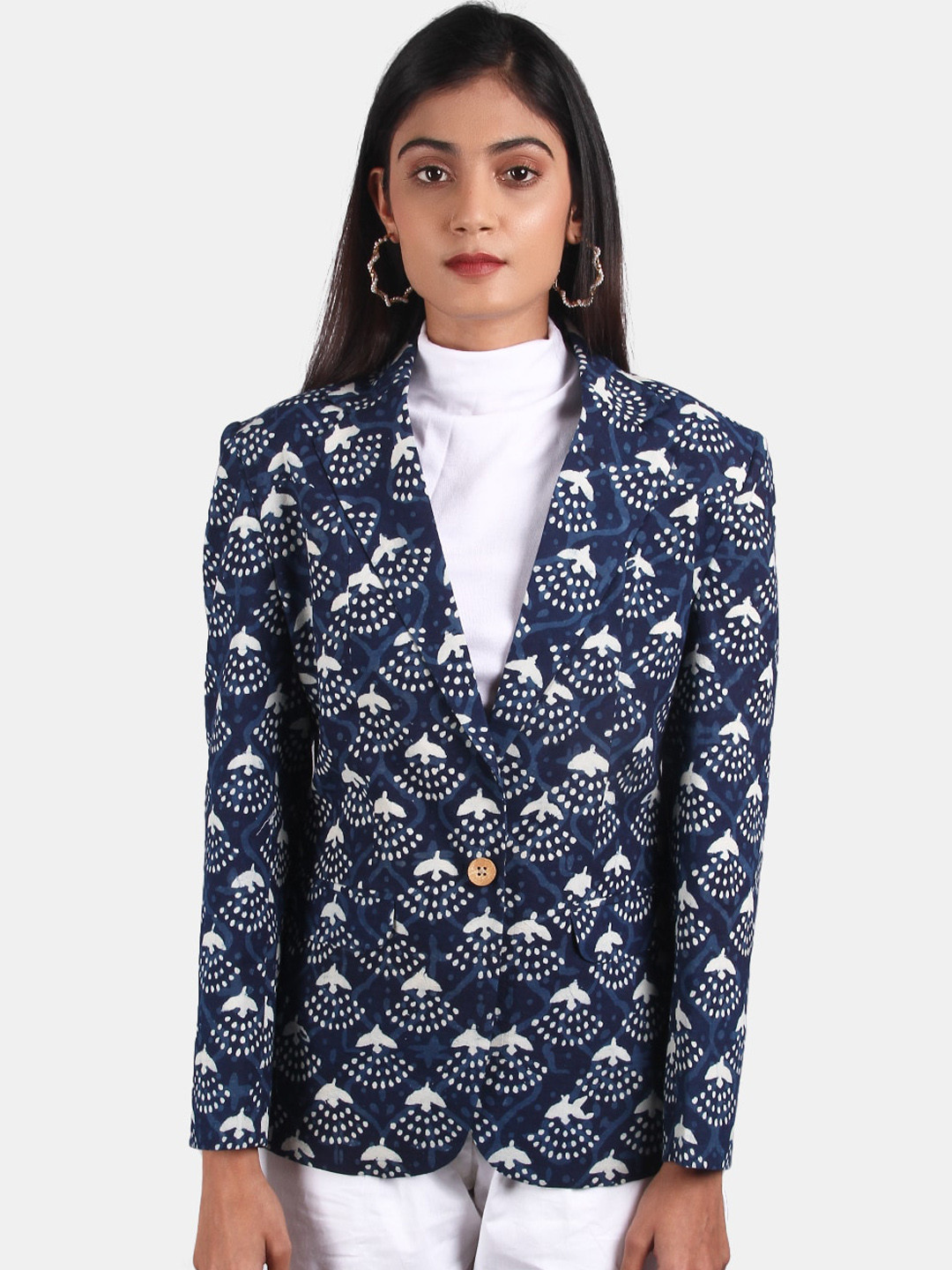 

INDOPHILIA Printed Cotton Single-Breasted Casual Blazer, Blue
