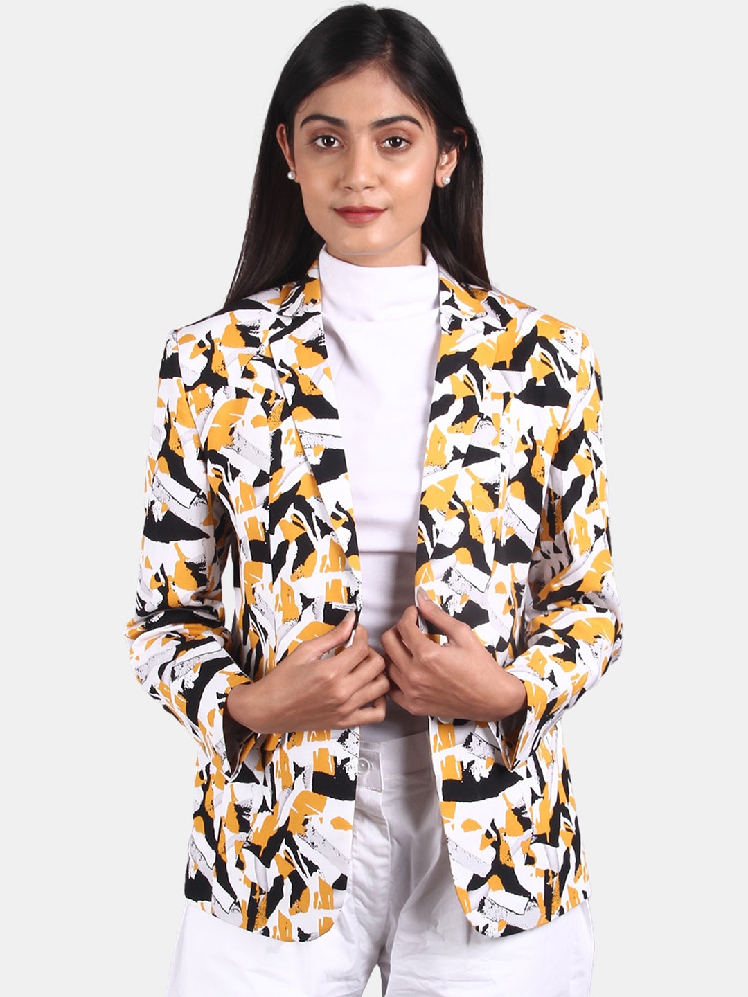 

INDOPHILIA Printed Pure Cotton Single-Breasted Casual Blazer, White
