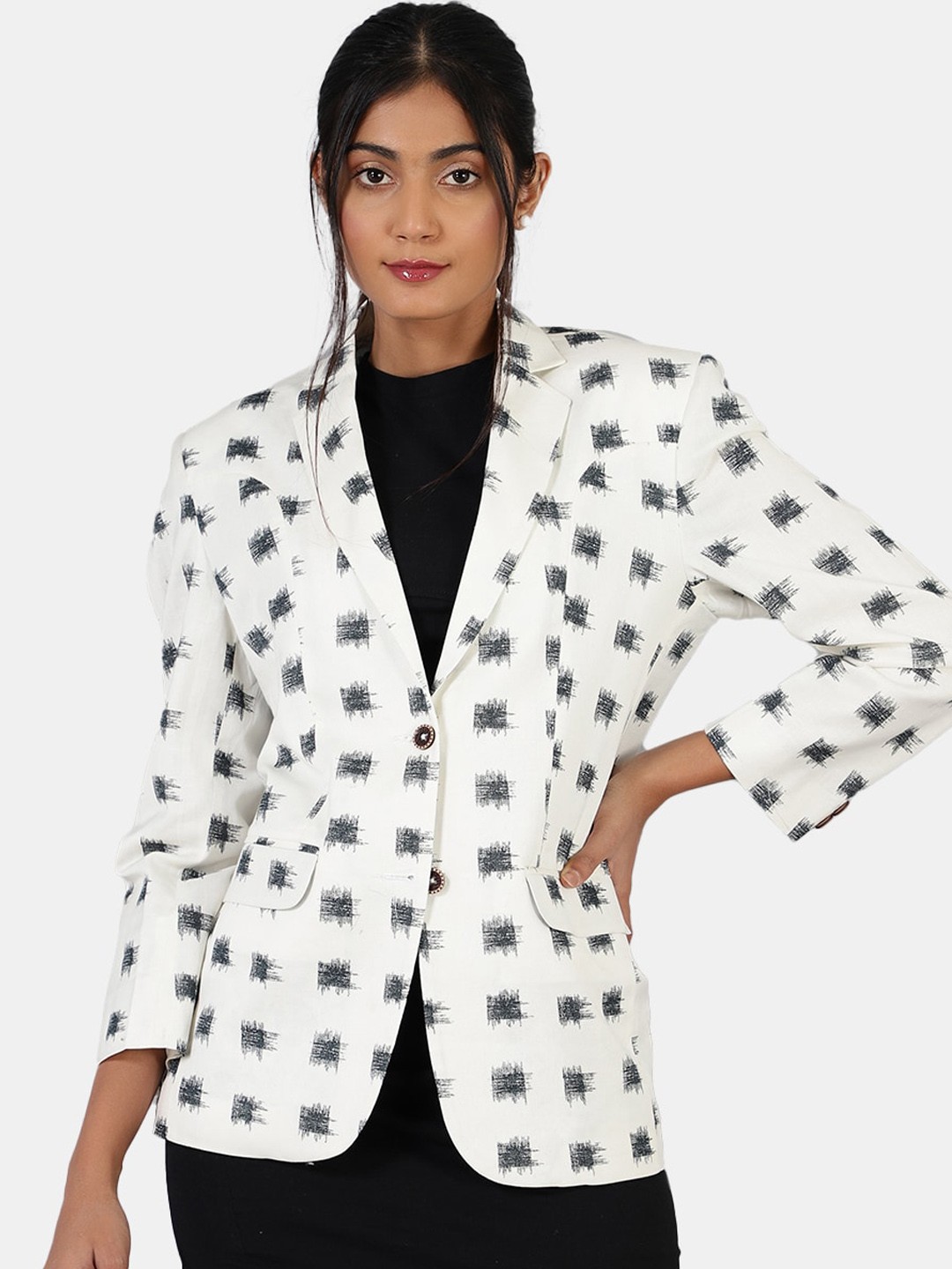 

INDOPHILIA Printed Single-Breasted Cotton Linen Blazer, White