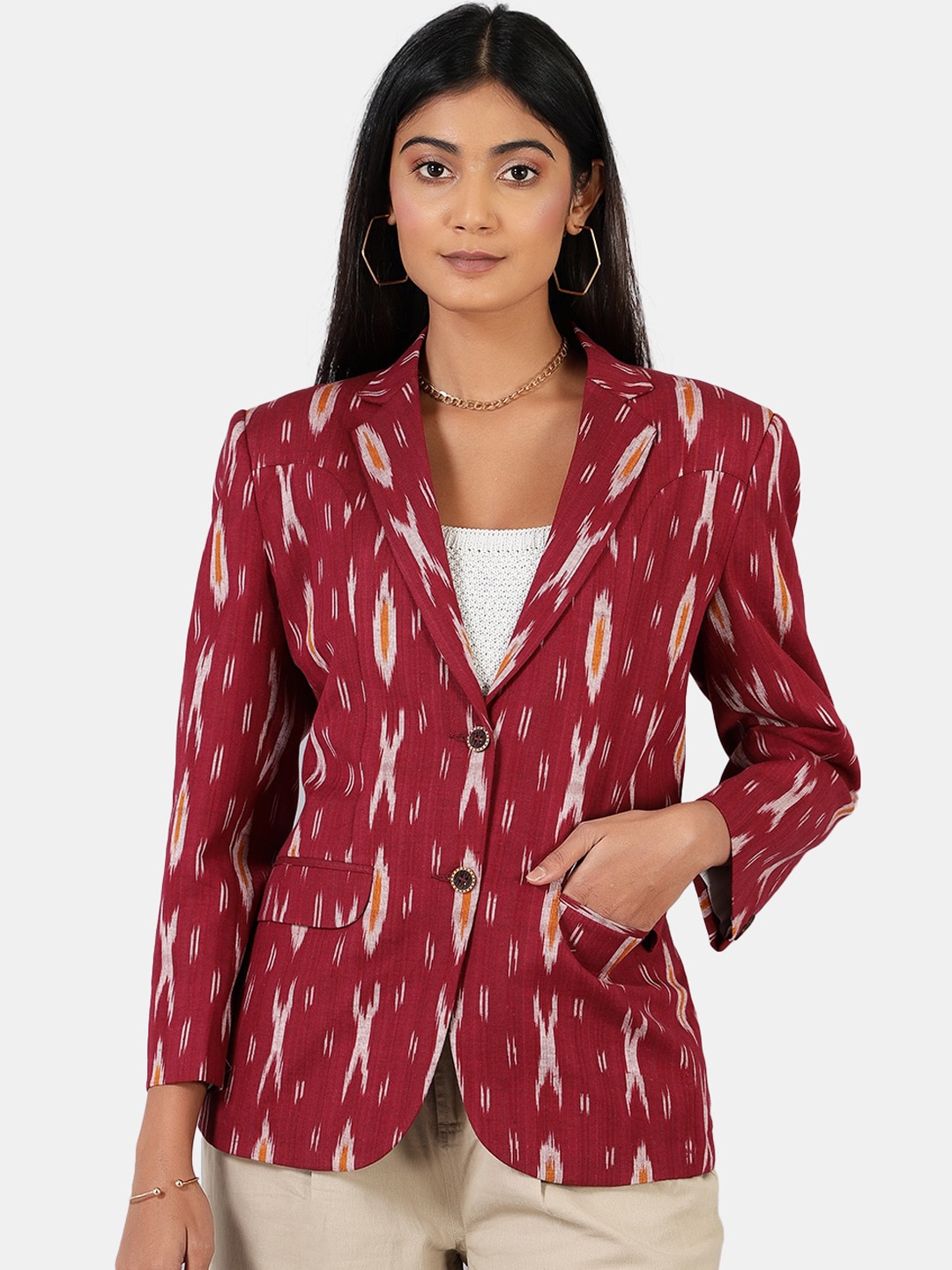 

INDOPHILIA Ikat Printed Single-Breasted Cotton Blazer, Red