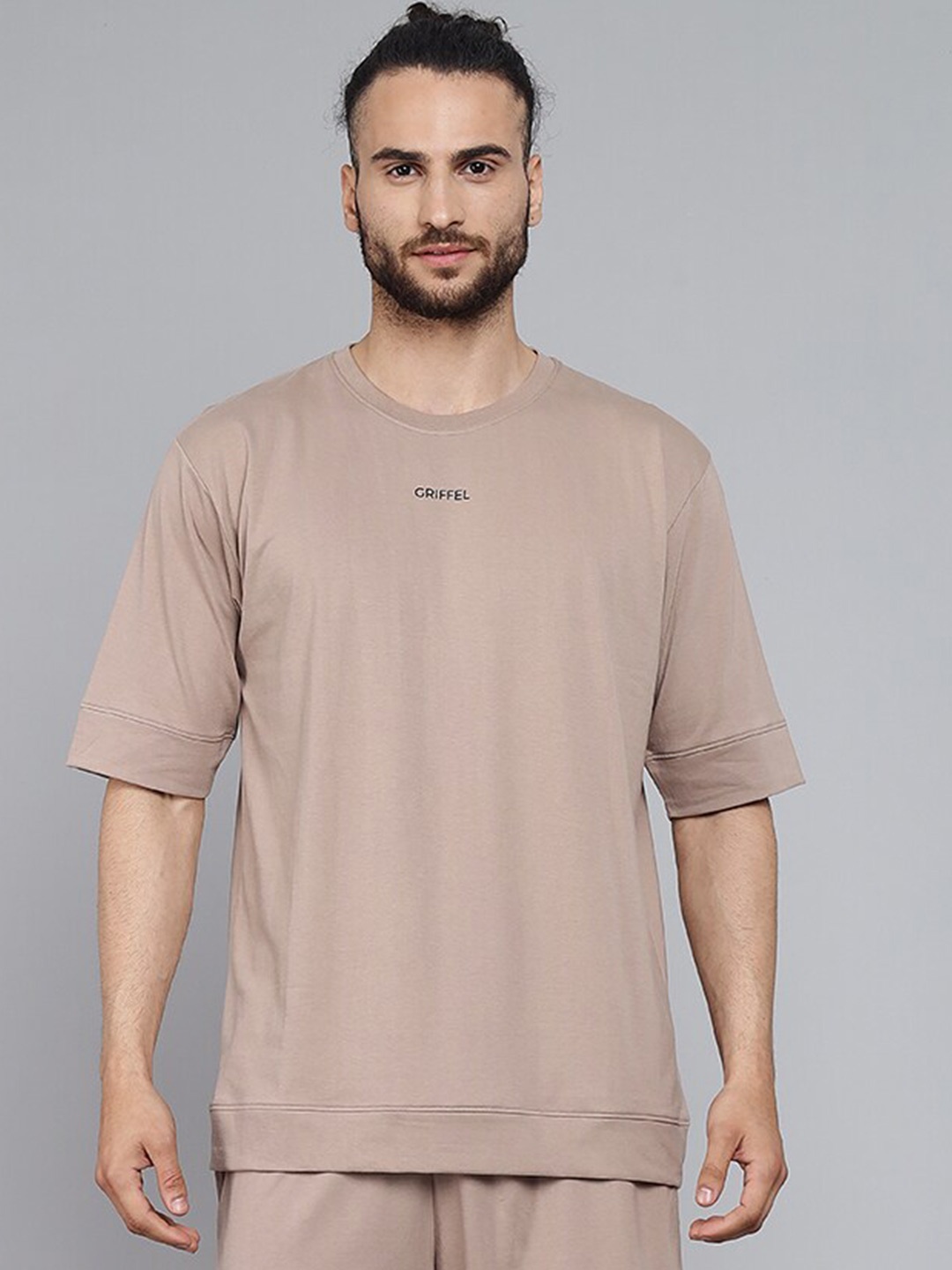 GRIFFEL Round Neck Pure Cotton T-shirt with Shorts, Brown
