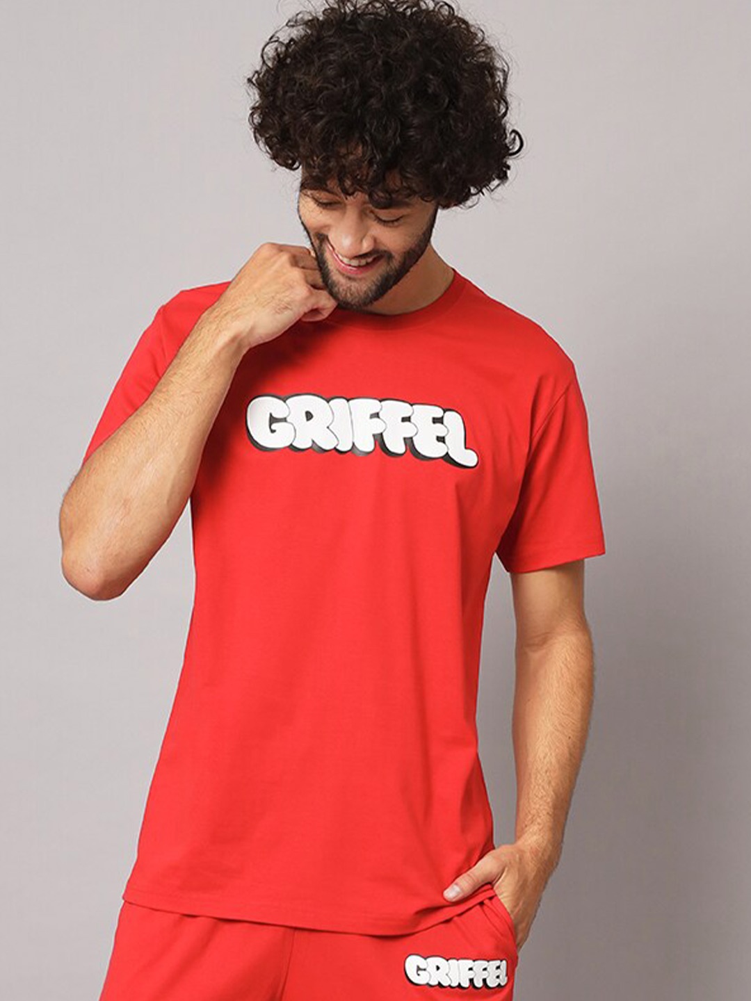 

GRIFFEL Men Typography Printed Pure Cotton T-shirt with Trousers, Red