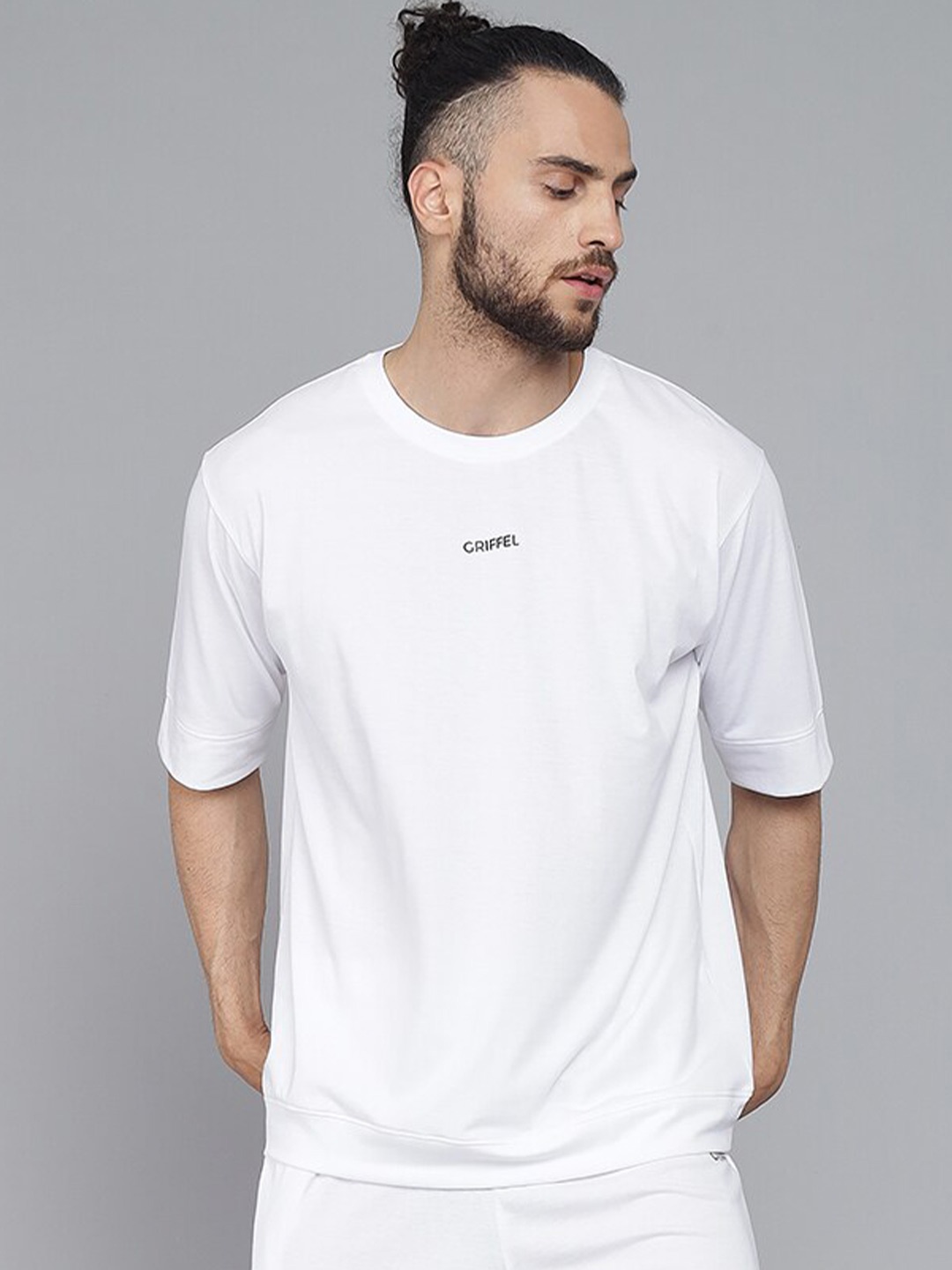 GRIFFEL Round Neck Short Sleeves Pure Cotton T-shirt with Shorts, White