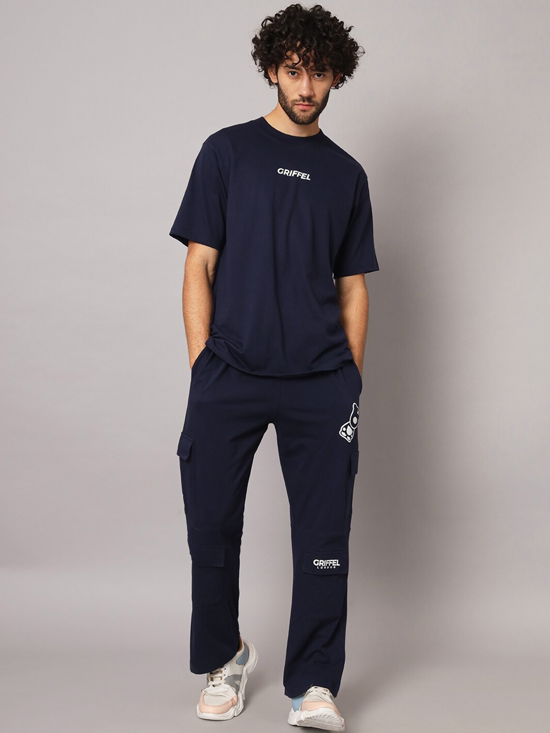 

GRIFFEL Pure Cotton Round Neck Oversized Sports T-shirt with Cargos Trousers Co-Ords, Navy blue