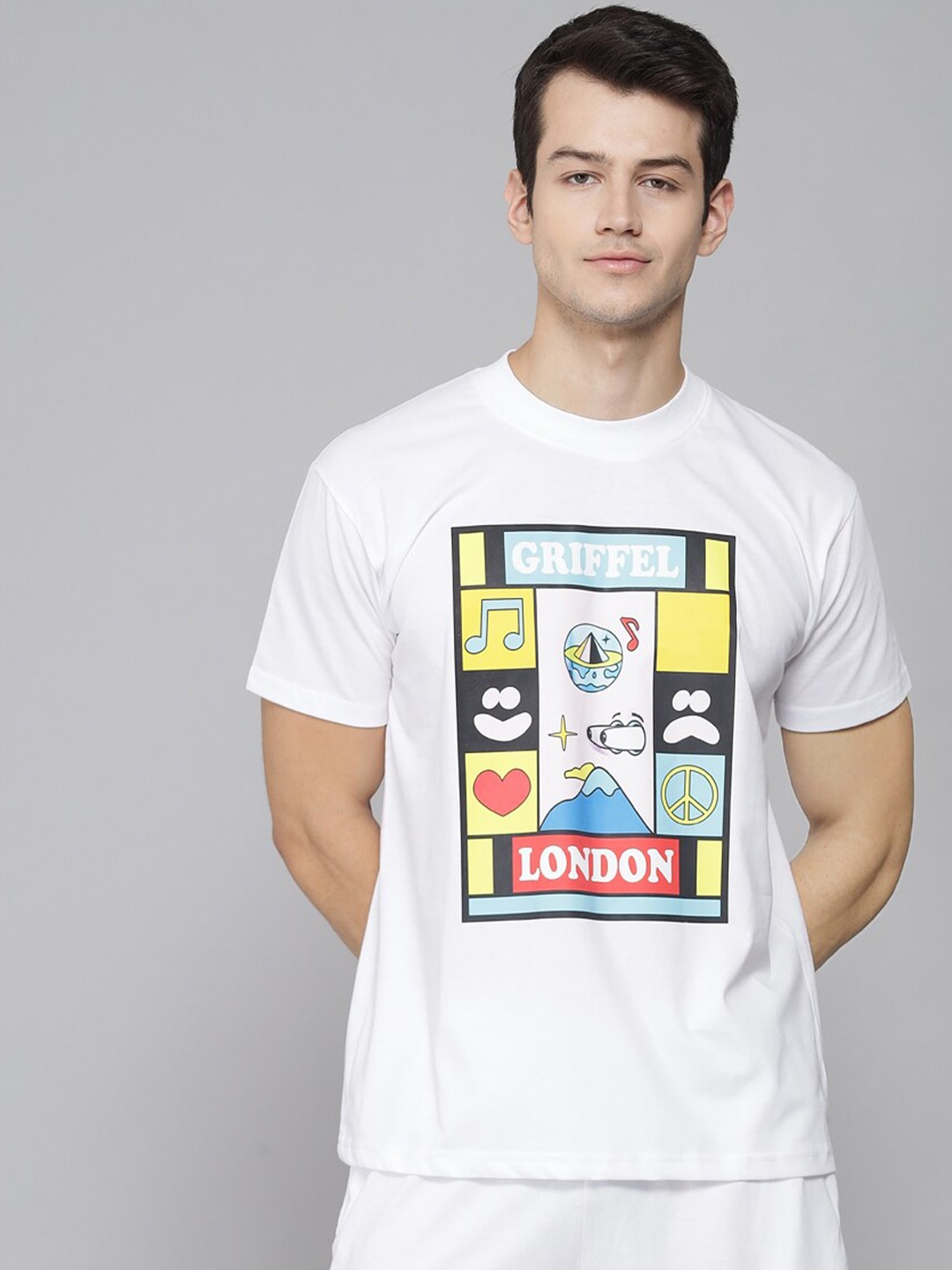 

GRIFFEL Printed Pure Cotton Round Neck T-shirt with Shorts Co-Ords, White