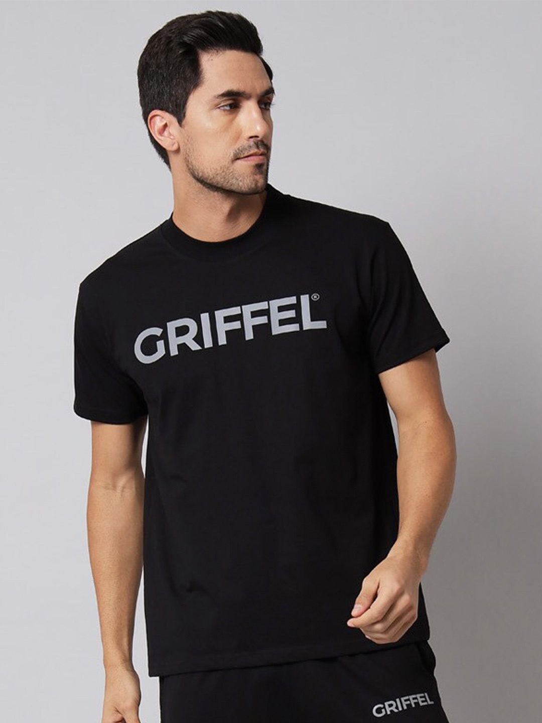 

GRIFFEL Typography Printed Pure Cotton T-shirt with Shorts, Black