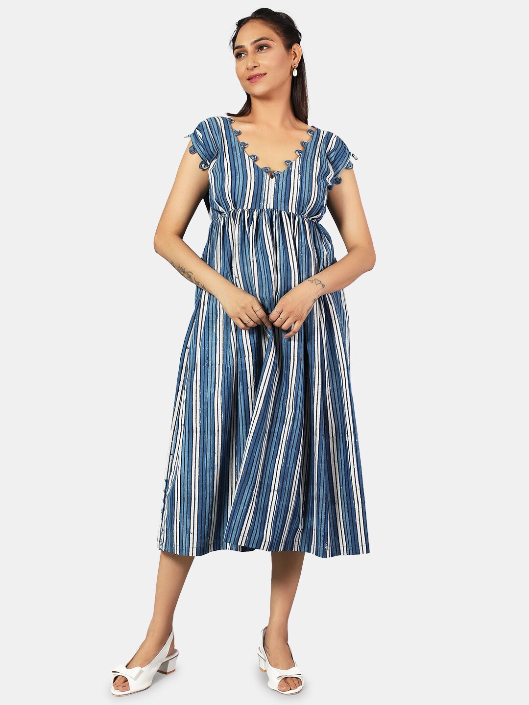 

INDOPHILIA Striped V-Neck Fit & Flare Midi Dress, Blue