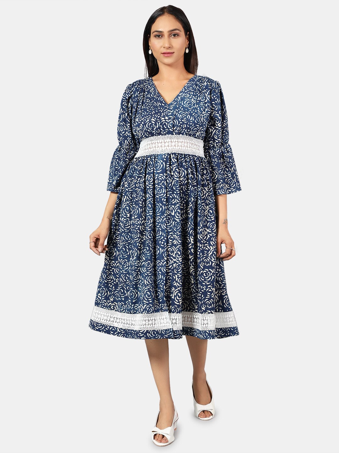 

INDOPHILIA V-Neck Floral Printed Cotton Fit & Flare Midi Dress, Blue