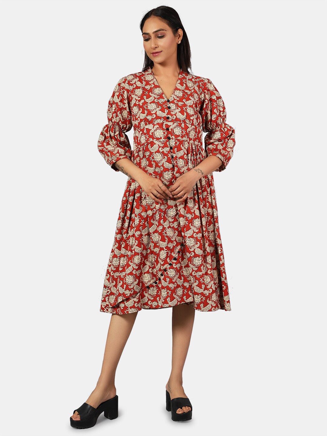 

INDOPHILIA Floral Printed V-Neck Fit & Flare Dress, Rust