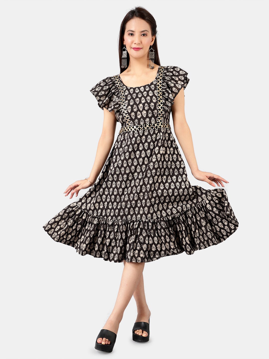 

INDOPHILIA Round Neck Ethnic Motifs Printed Flutter Sleeve Cotton Fit & Flare Midi Dress, Black